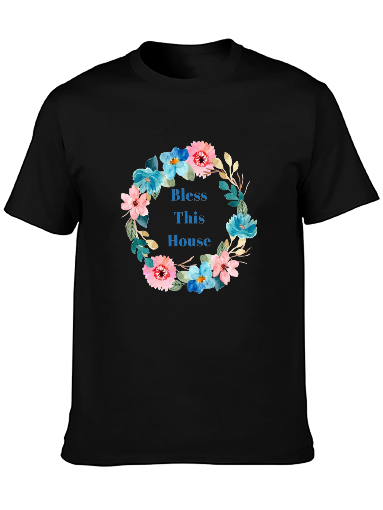 Bless This House Floral Wreath Black T-Shirt