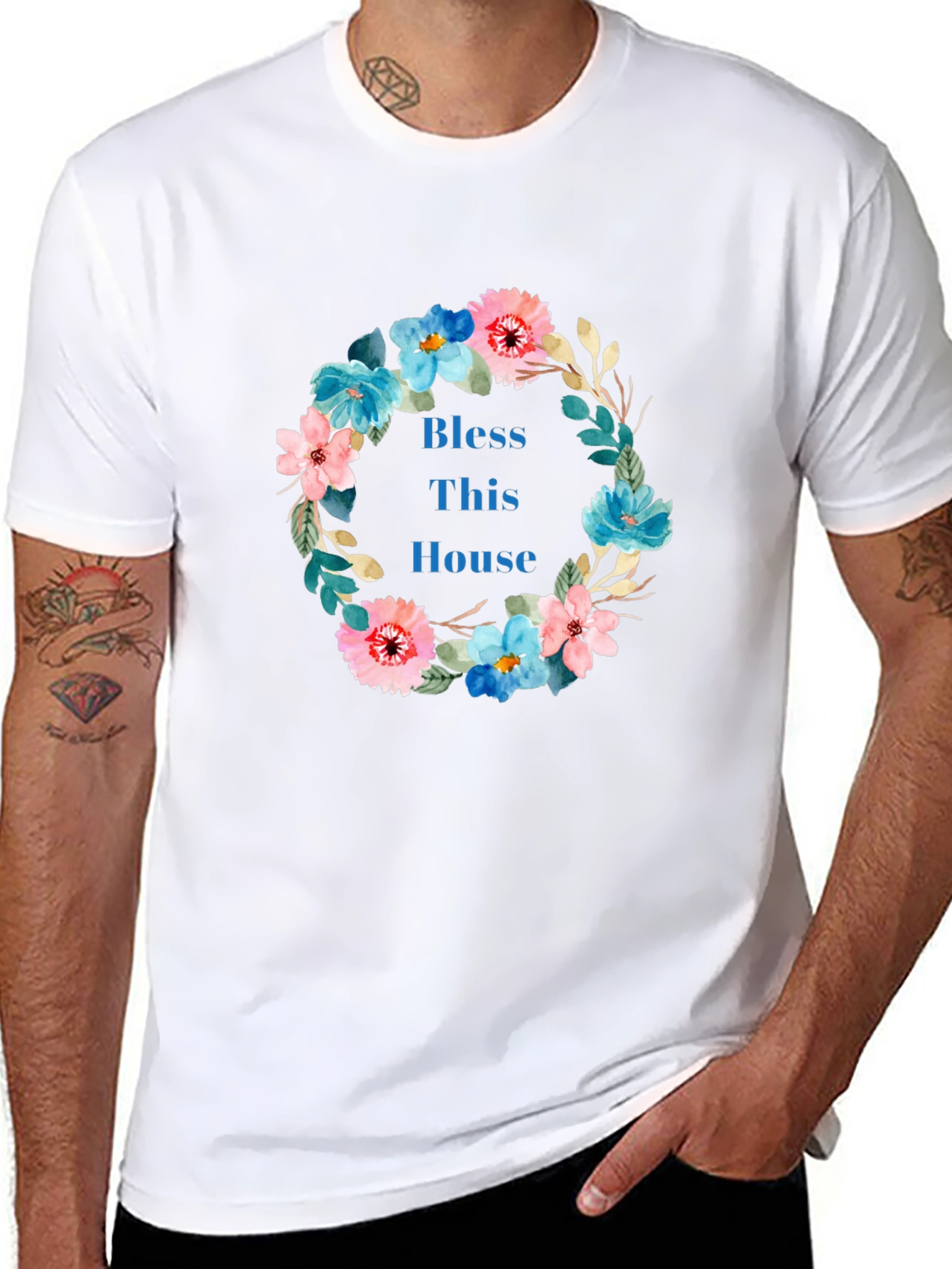 Bless This House Floral Wreath Black T-Shirt