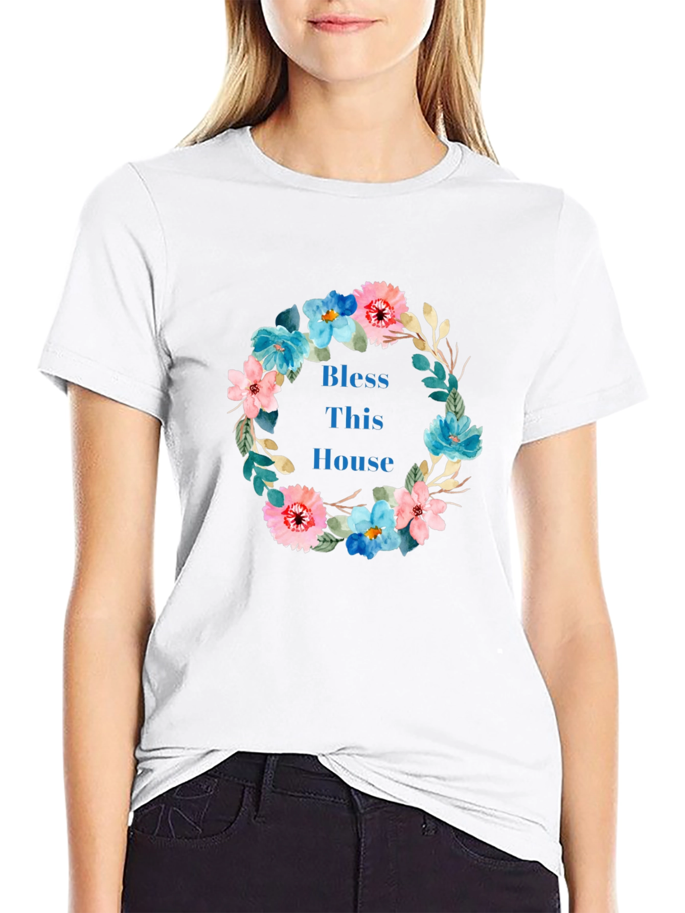 Bless This House Floral Wreath Black T-Shirt