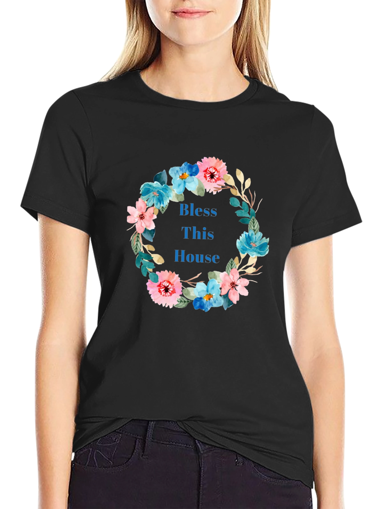 Bless This House Floral Wreath Black T-Shirt
