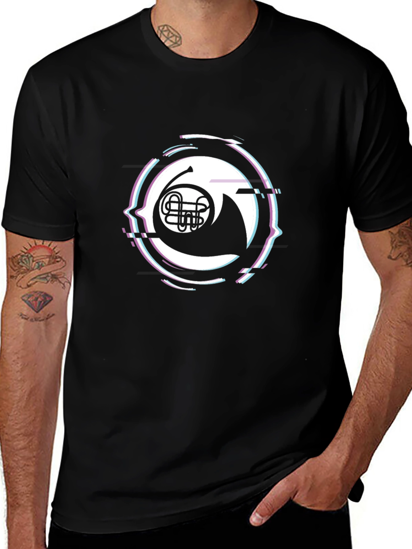 French Horn Glitch Black T-Shirt