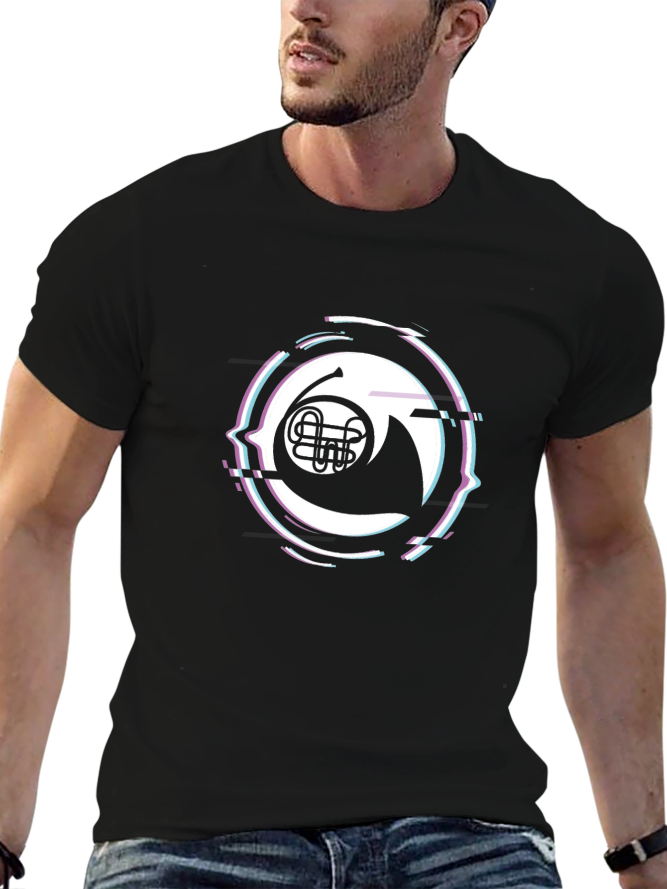 French Horn Glitch Black T-Shirt