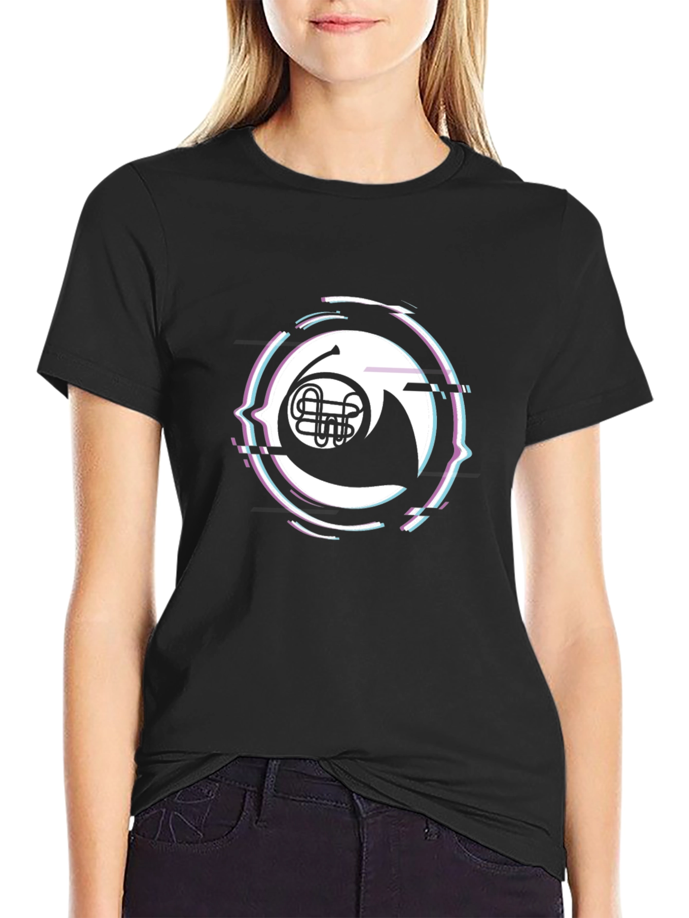 French Horn Glitch Black T-Shirt