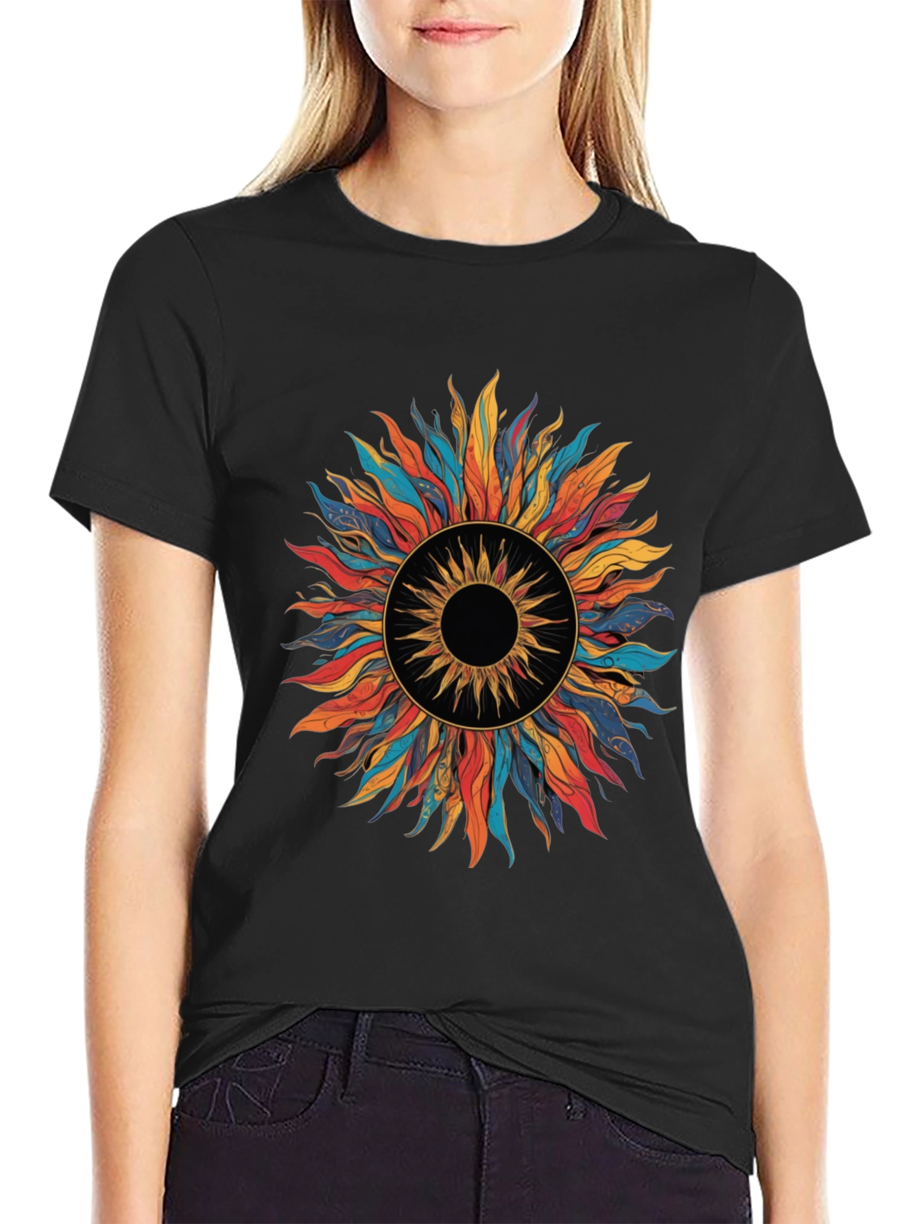 Vibrant Sunburst Graphic Tee - Black
