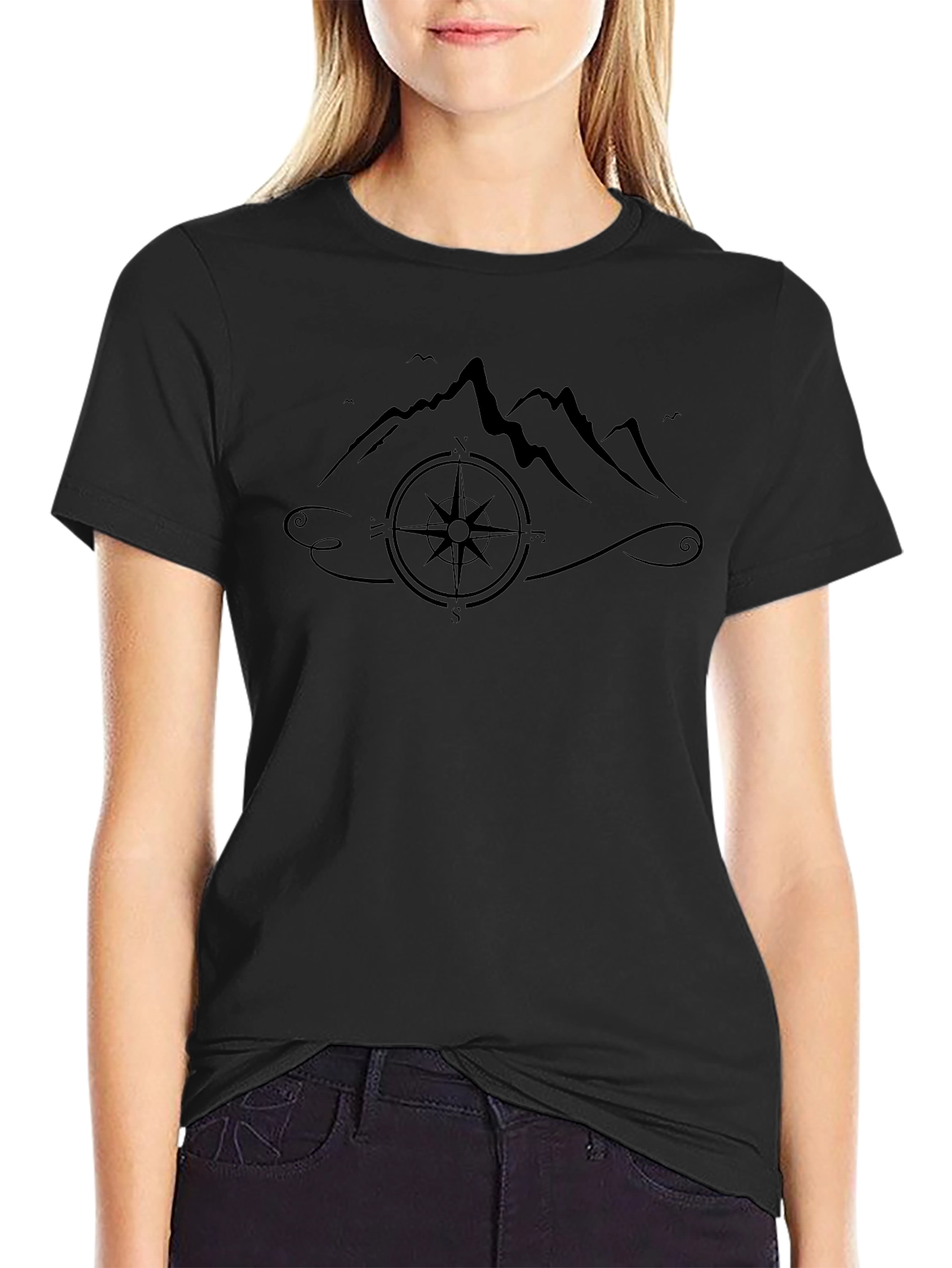 Mountains and Compass Graphic Black T-Shirt