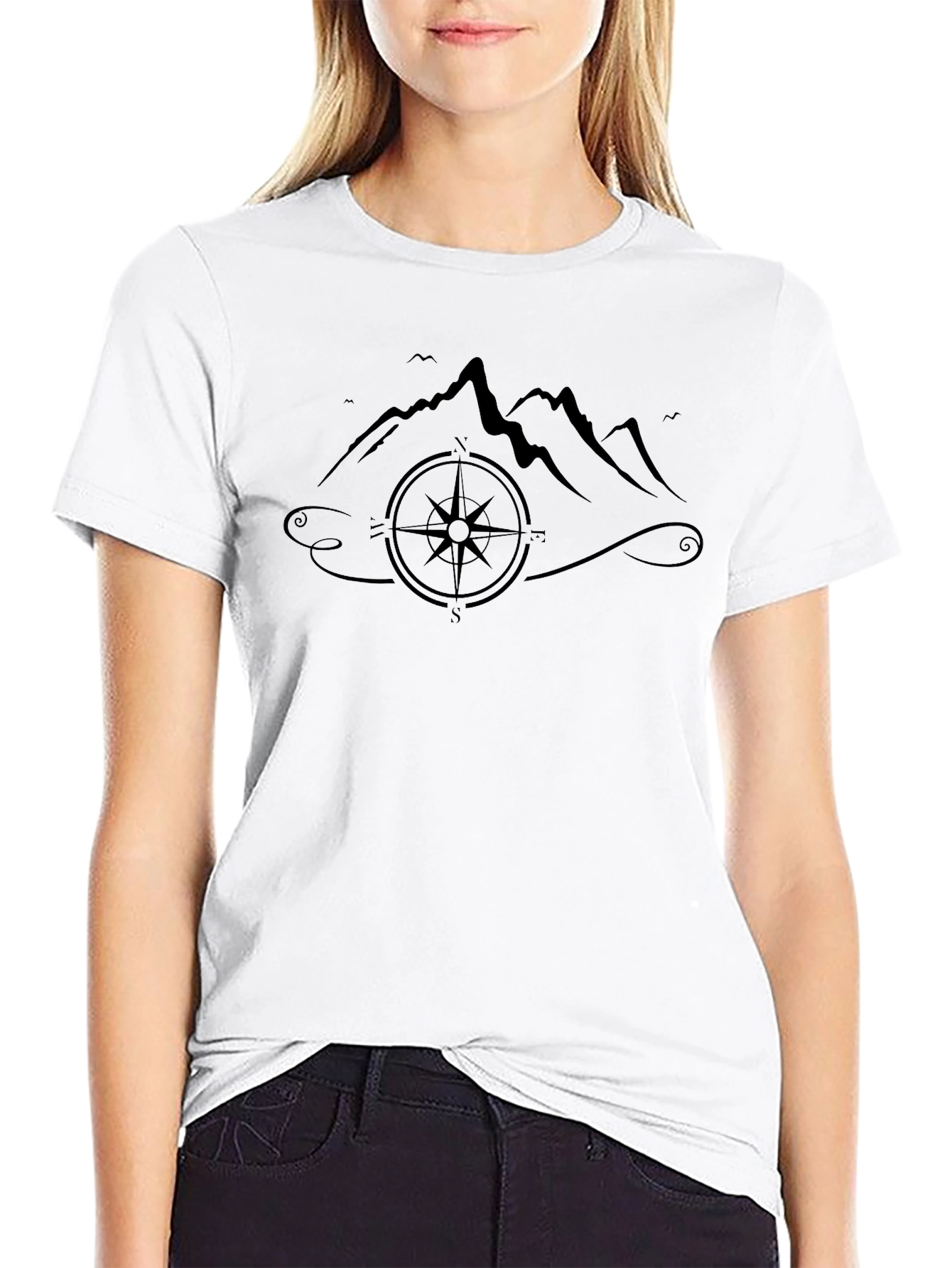 Mountains and Compass Graphic Black T-Shirt