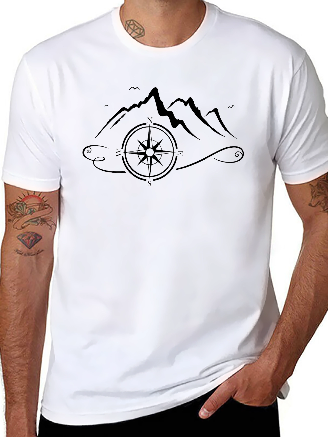 Mountains and Compass Graphic Black T-Shirt