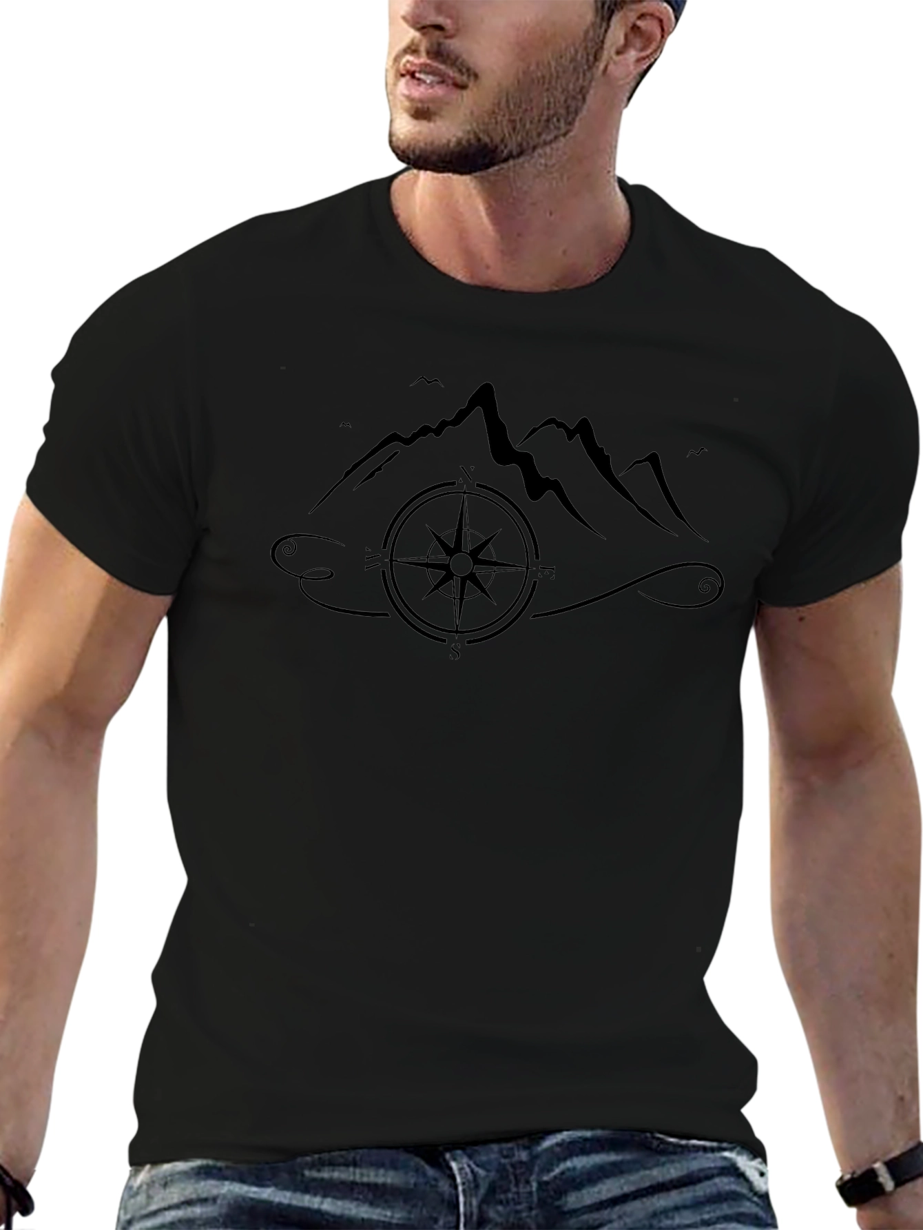 Mountains and Compass Graphic Black T-Shirt