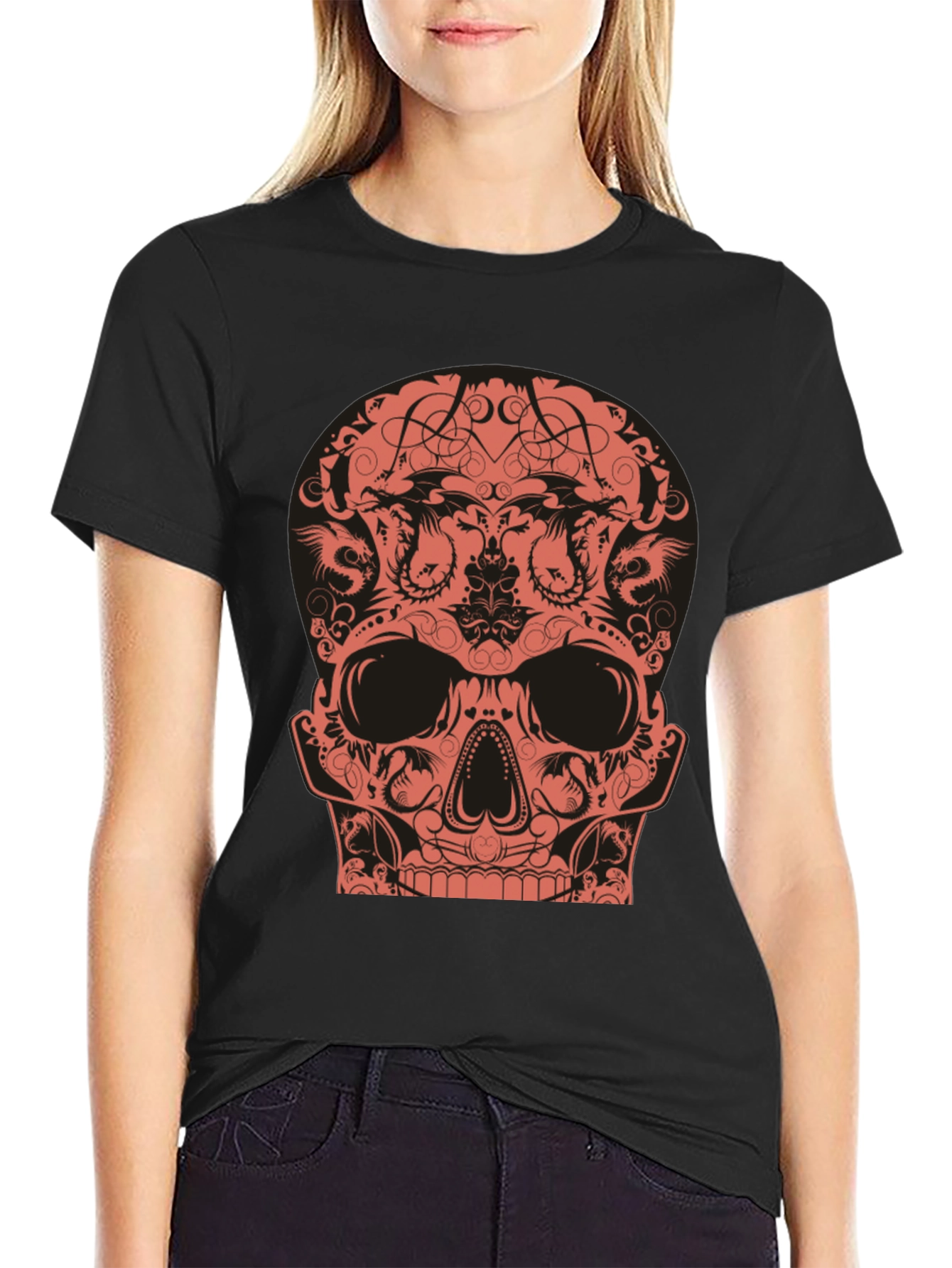 Skull Dragon Graphic Tee - Black Cotton T-Shirt