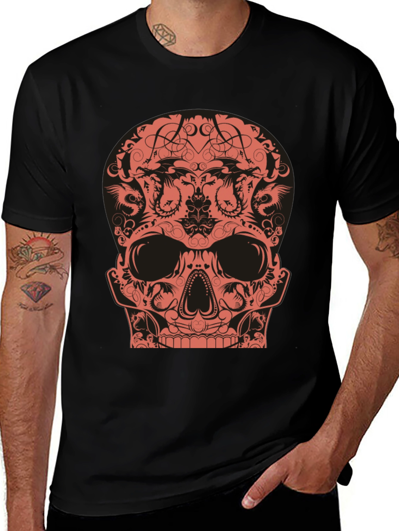 Skull Dragon Graphic Tee - Black Cotton T-Shirt