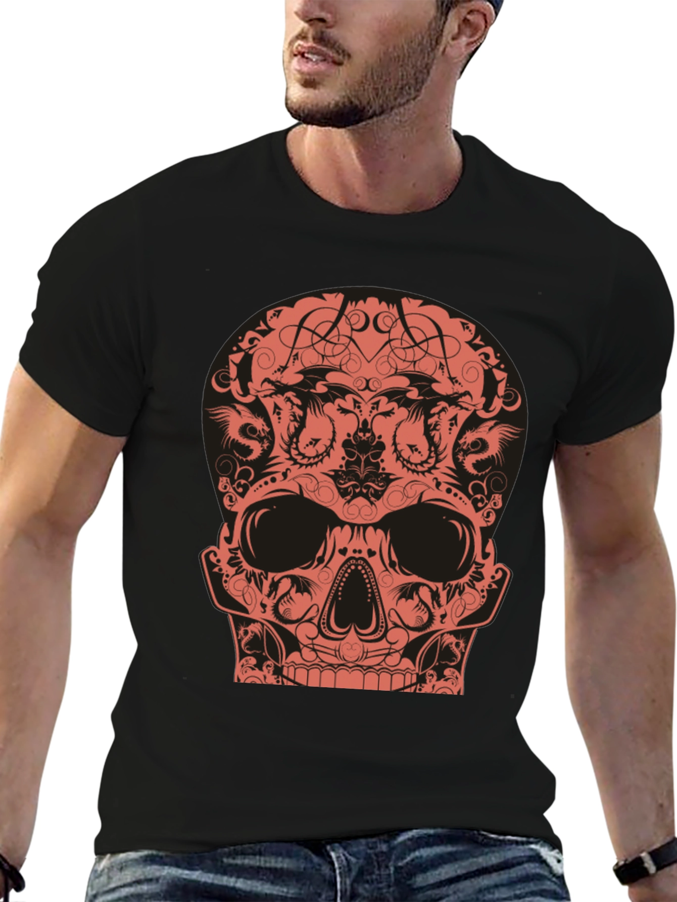 Skull Dragon Graphic Tee - Black Cotton T-Shirt