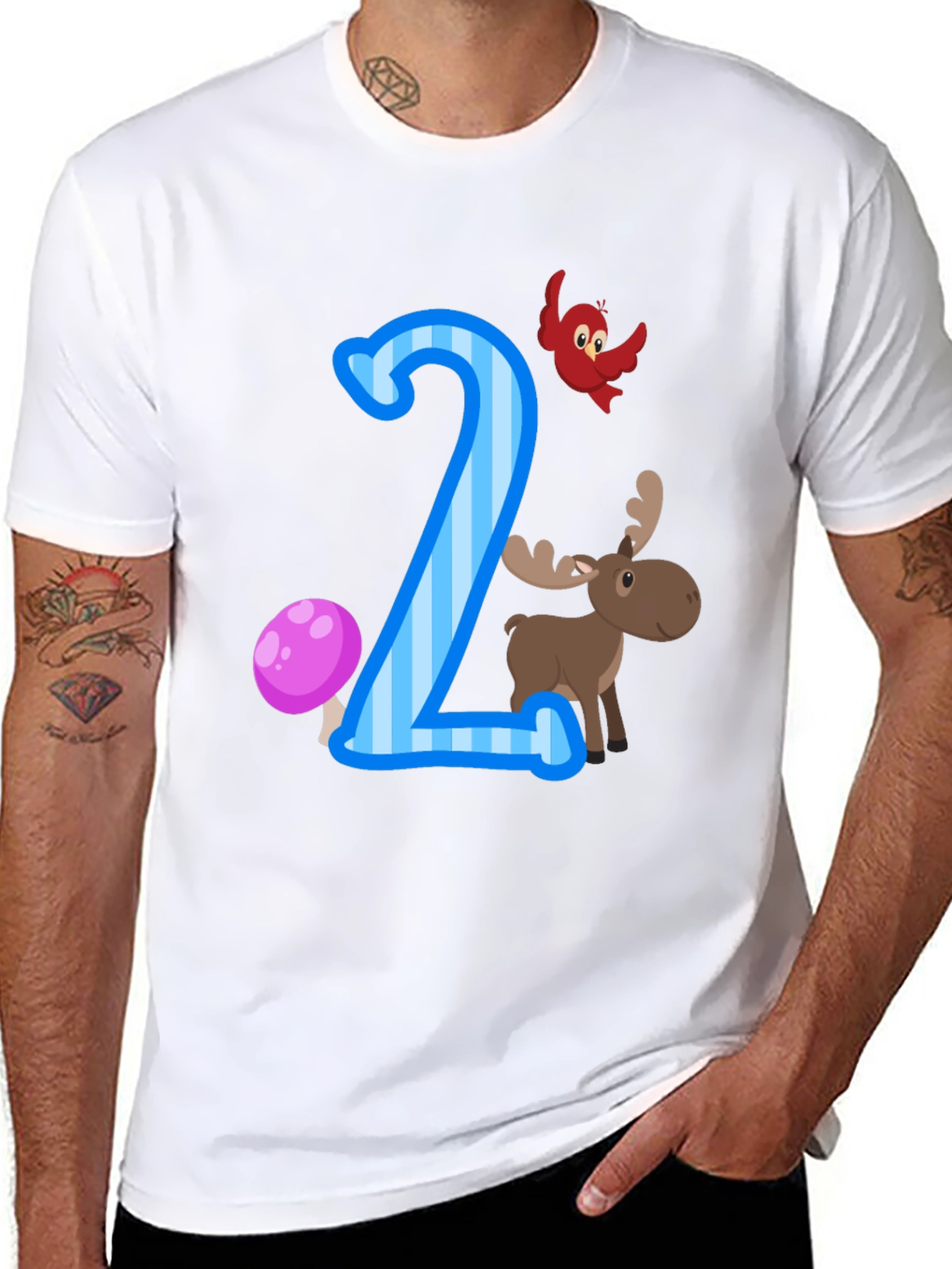 Number Two Birthday T-Shirt with Moose and Bird