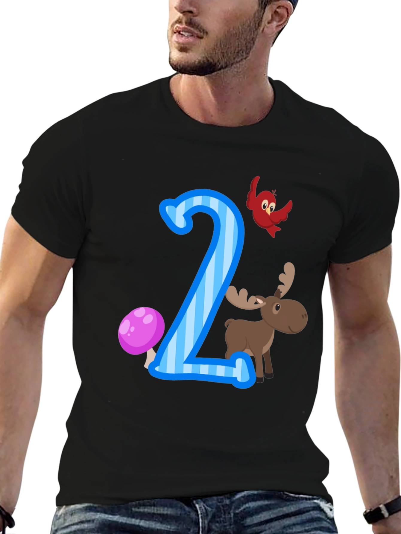 Number Two Birthday T-Shirt with Moose and Bird