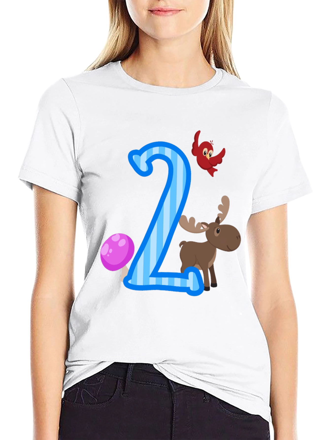 Number Two Birthday T-Shirt with Moose and Bird