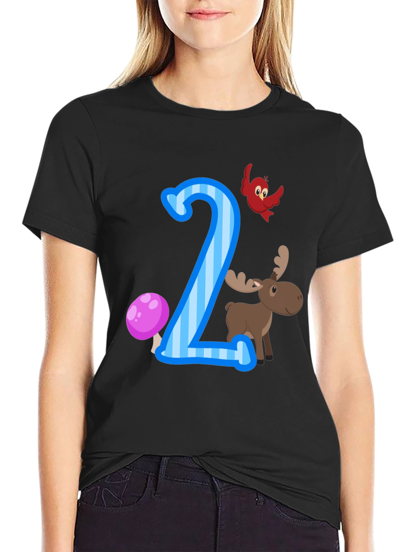 Number Two Birthday T-Shirt with Moose and Bird