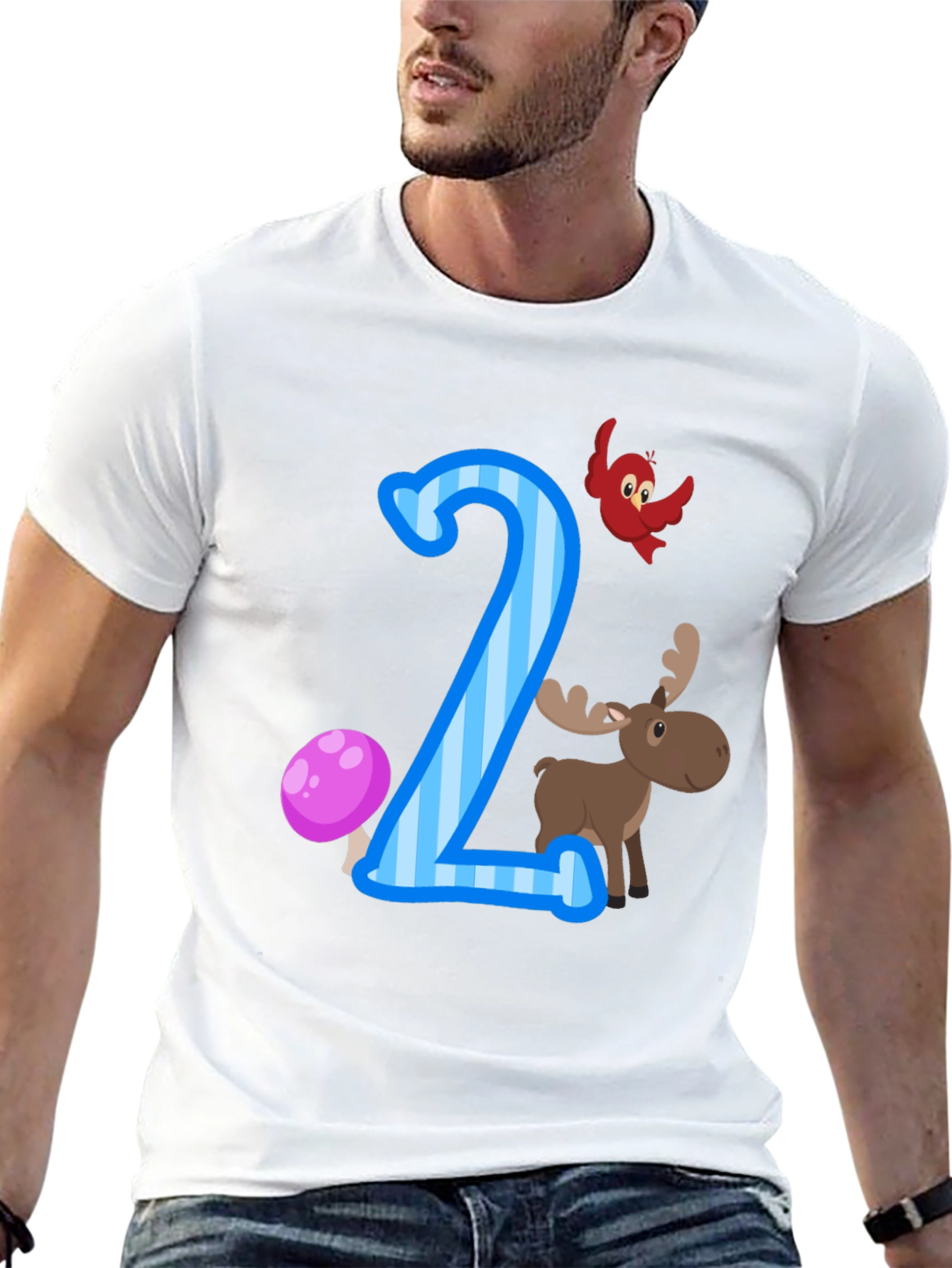 Number Two Birthday T-Shirt with Moose and Bird
