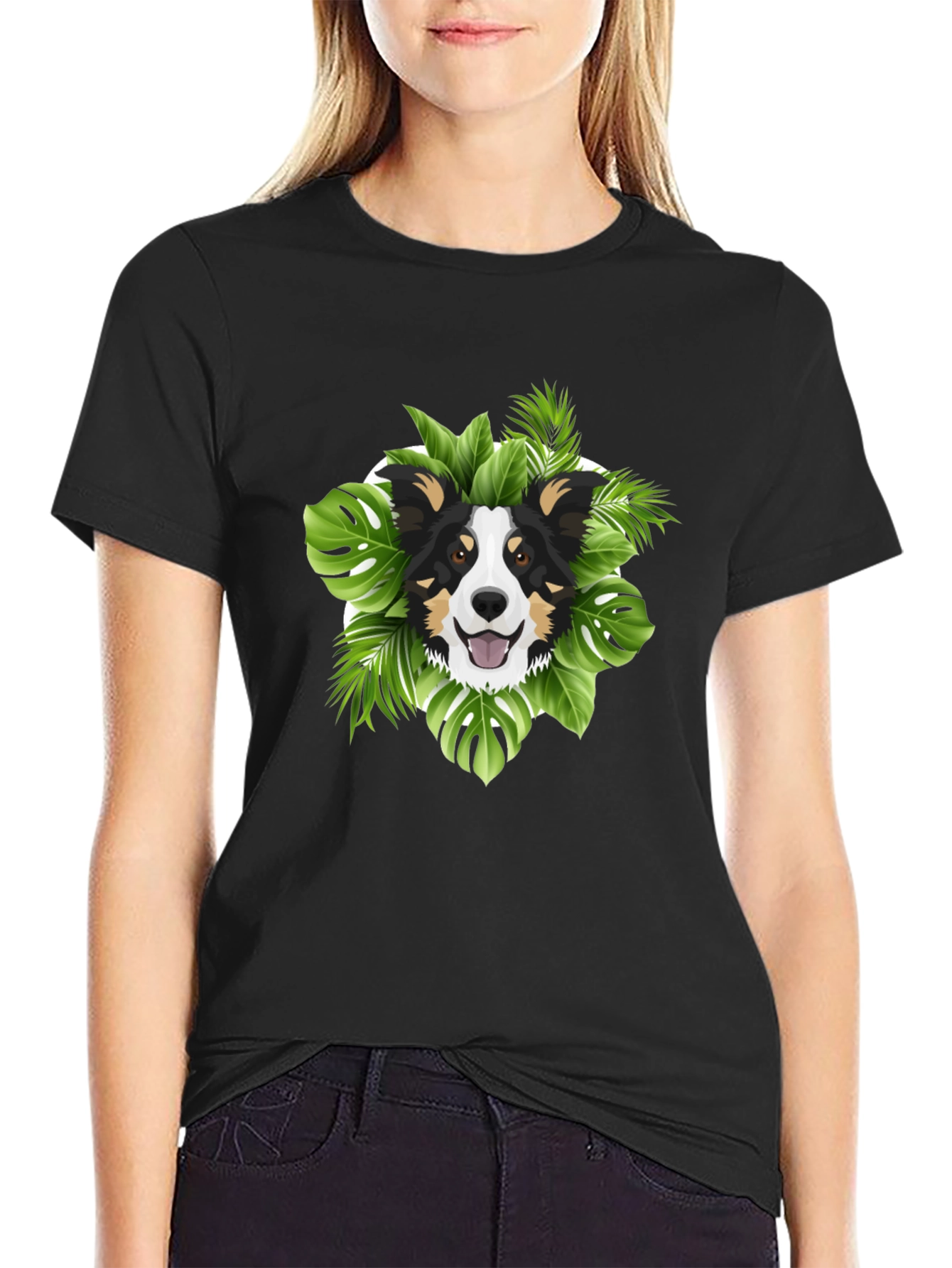 Tropical Dog Graphic T-Shirt - Black