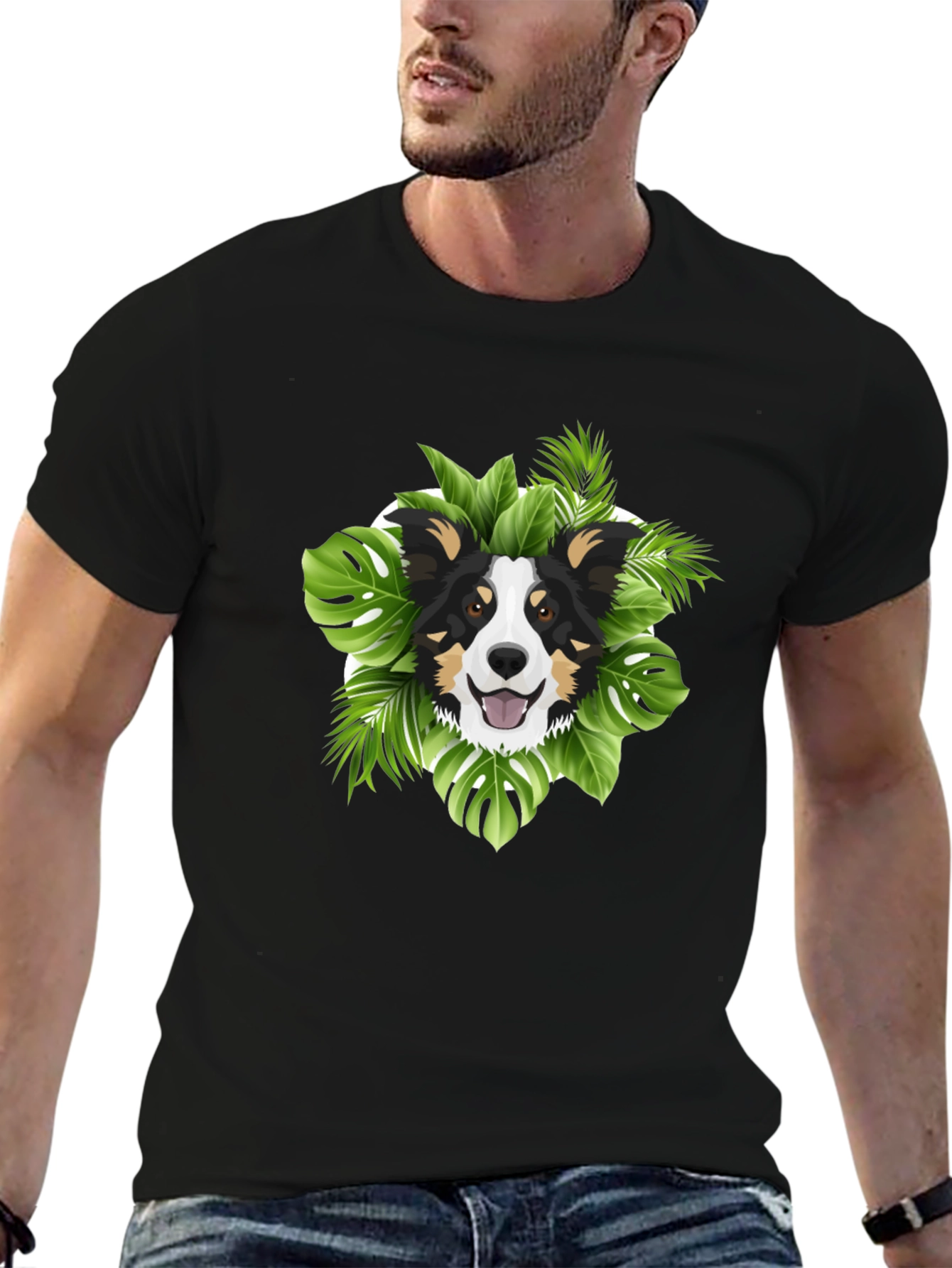Tropical Dog Graphic T-Shirt - Black