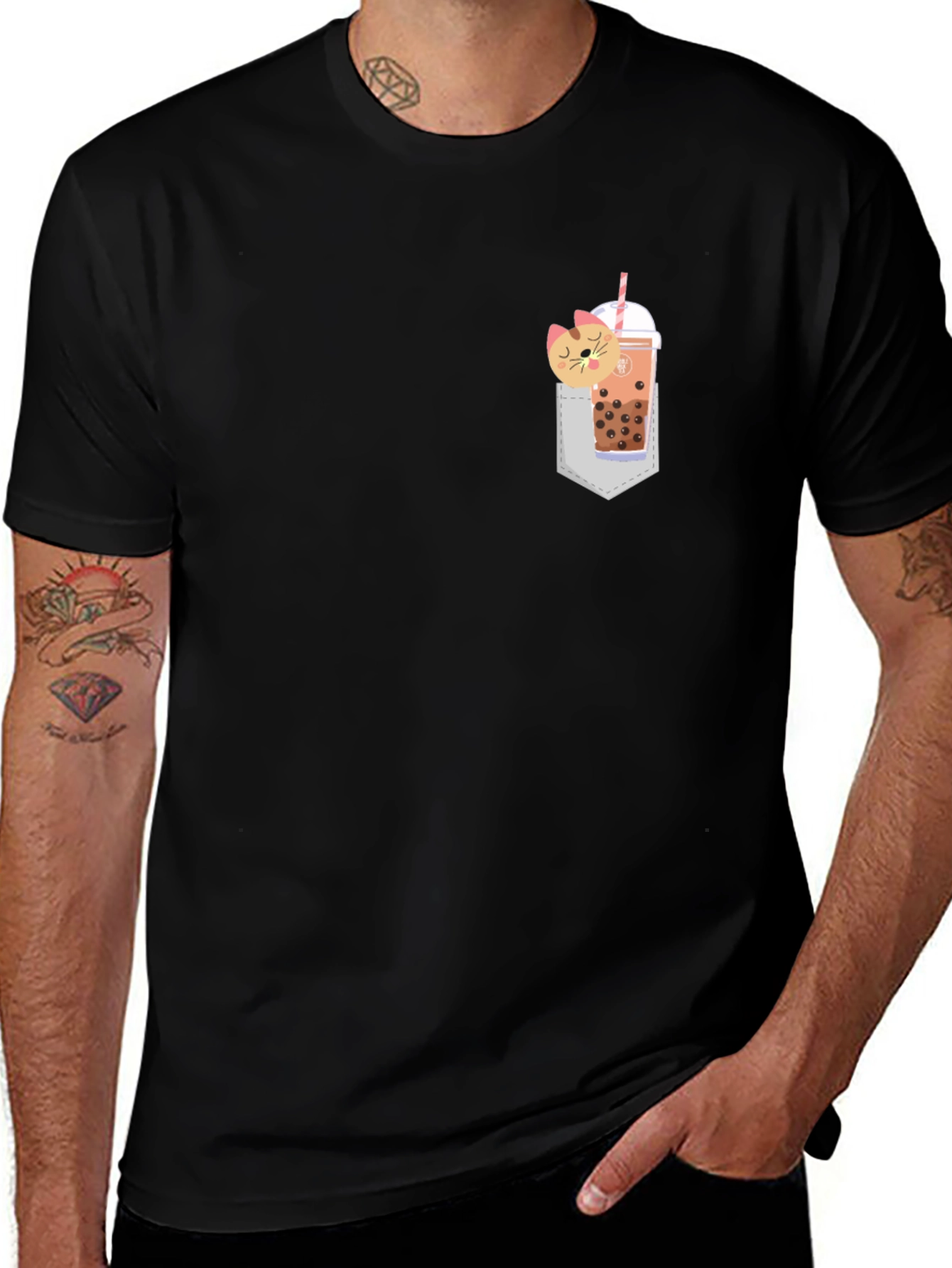 Boba Cat Pocket Print Tee - Cute Kawaii Style