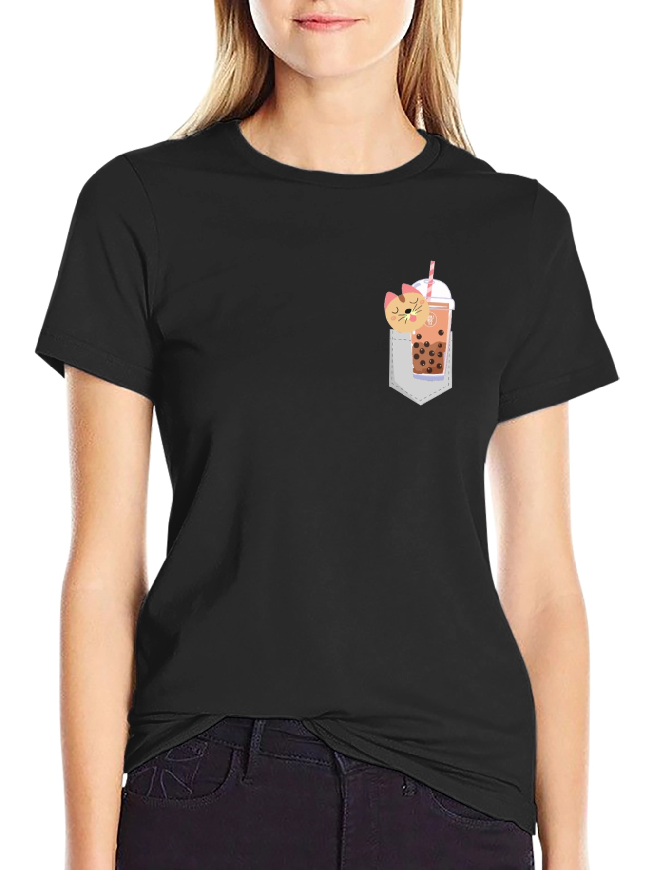 Boba Cat Pocket Print Tee - Cute Kawaii Style