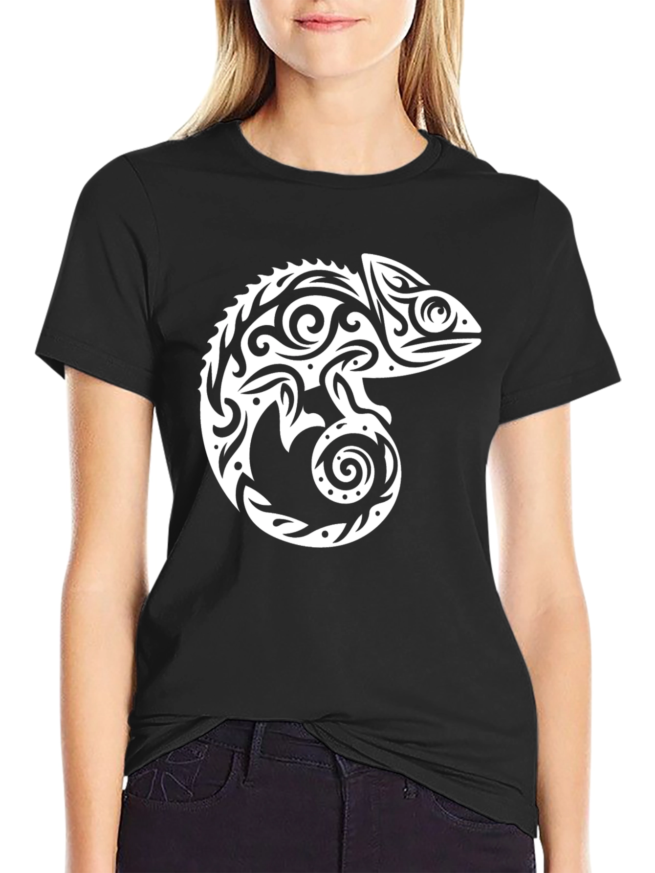 Tribal Chameleon Graphic Tee - Cool Black T-Shirt