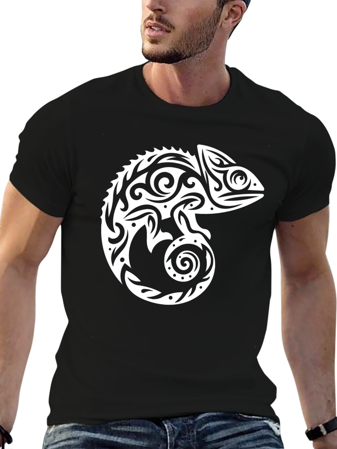 Tribal Chameleon Graphic Tee - Cool Black T-Shirt