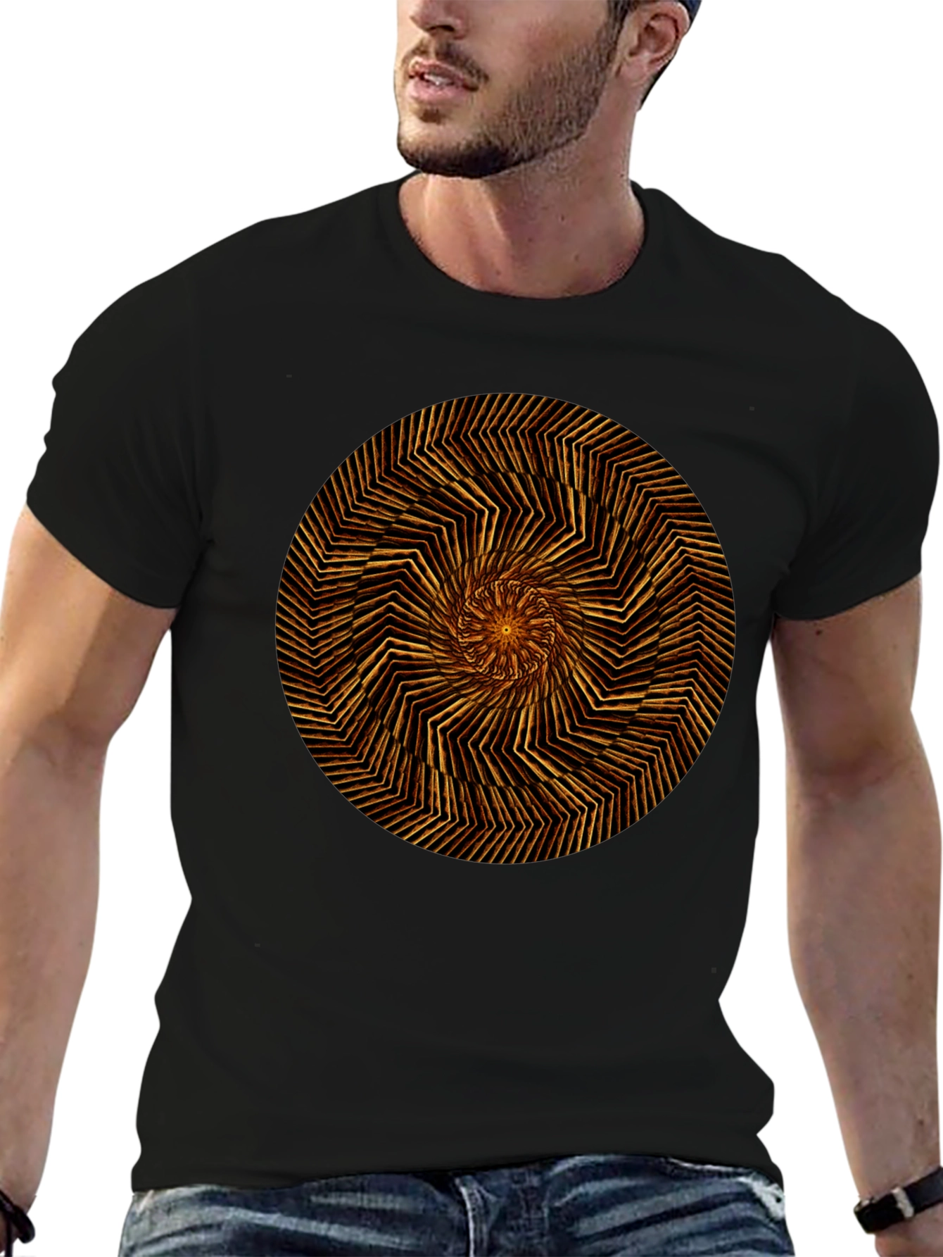 Geometric Spiral Graphic Tee - Black Cotton