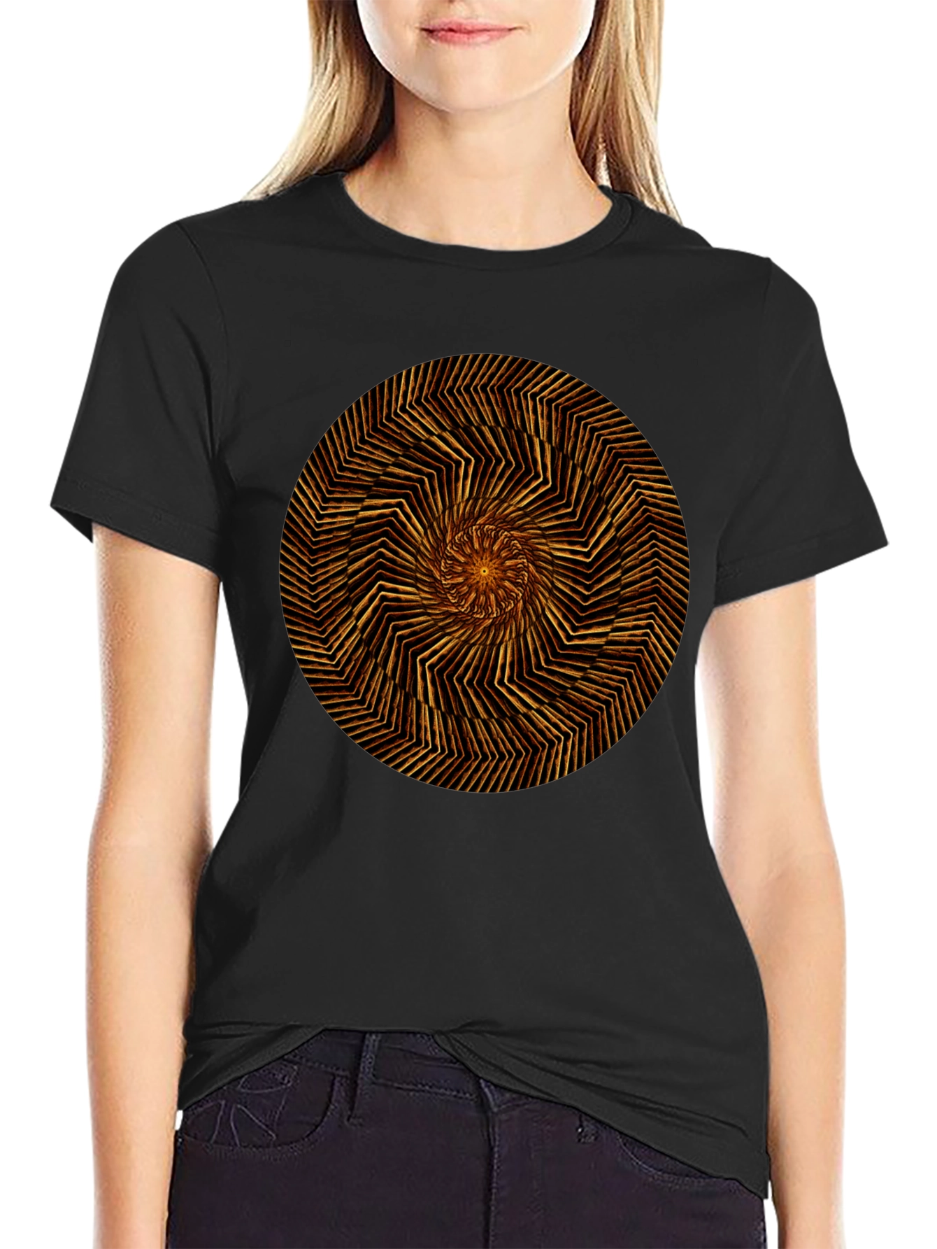 Geometric Spiral Graphic Tee - Black Cotton