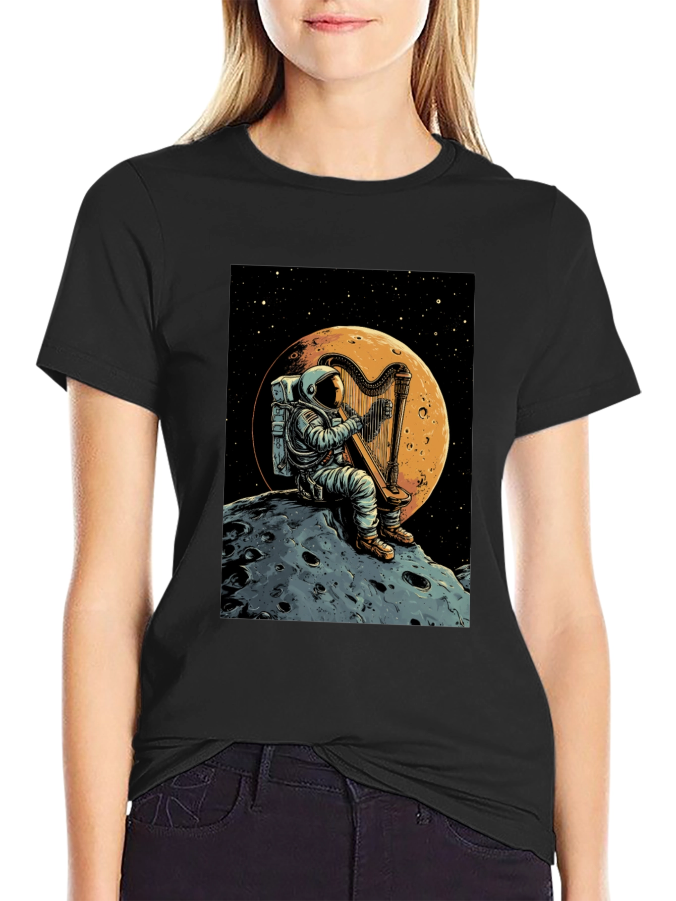 Astronaut Harp Moon T-Shirt - Space Music Tee