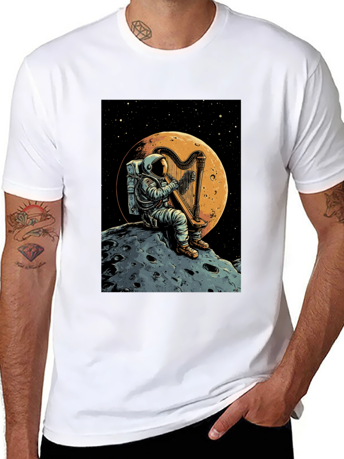 Astronaut Harp Moon T-Shirt - Space Music Tee