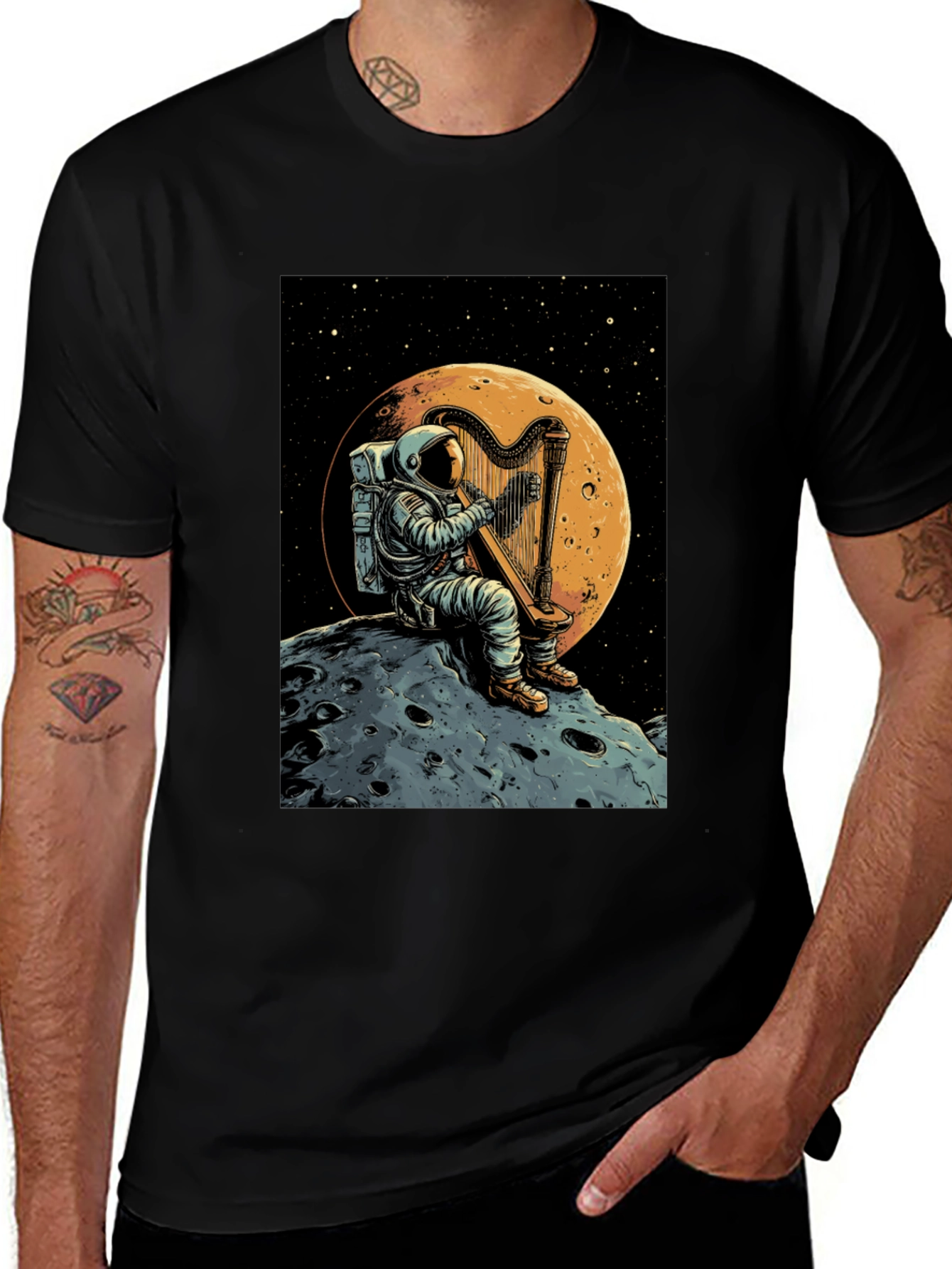 Astronaut Harp Moon T-Shirt - Space Music Tee