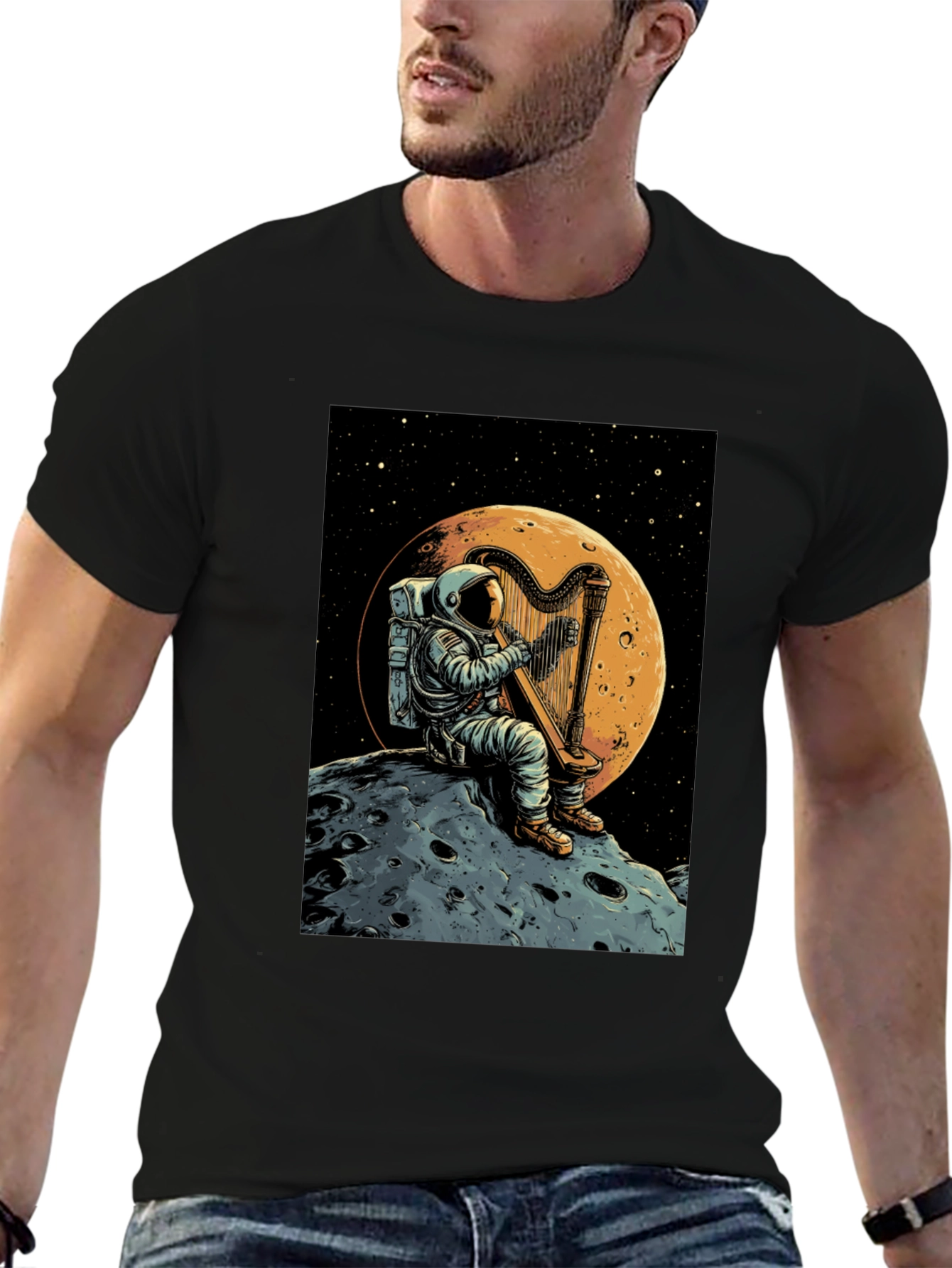 Astronaut Harp Moon T-Shirt - Space Music Tee