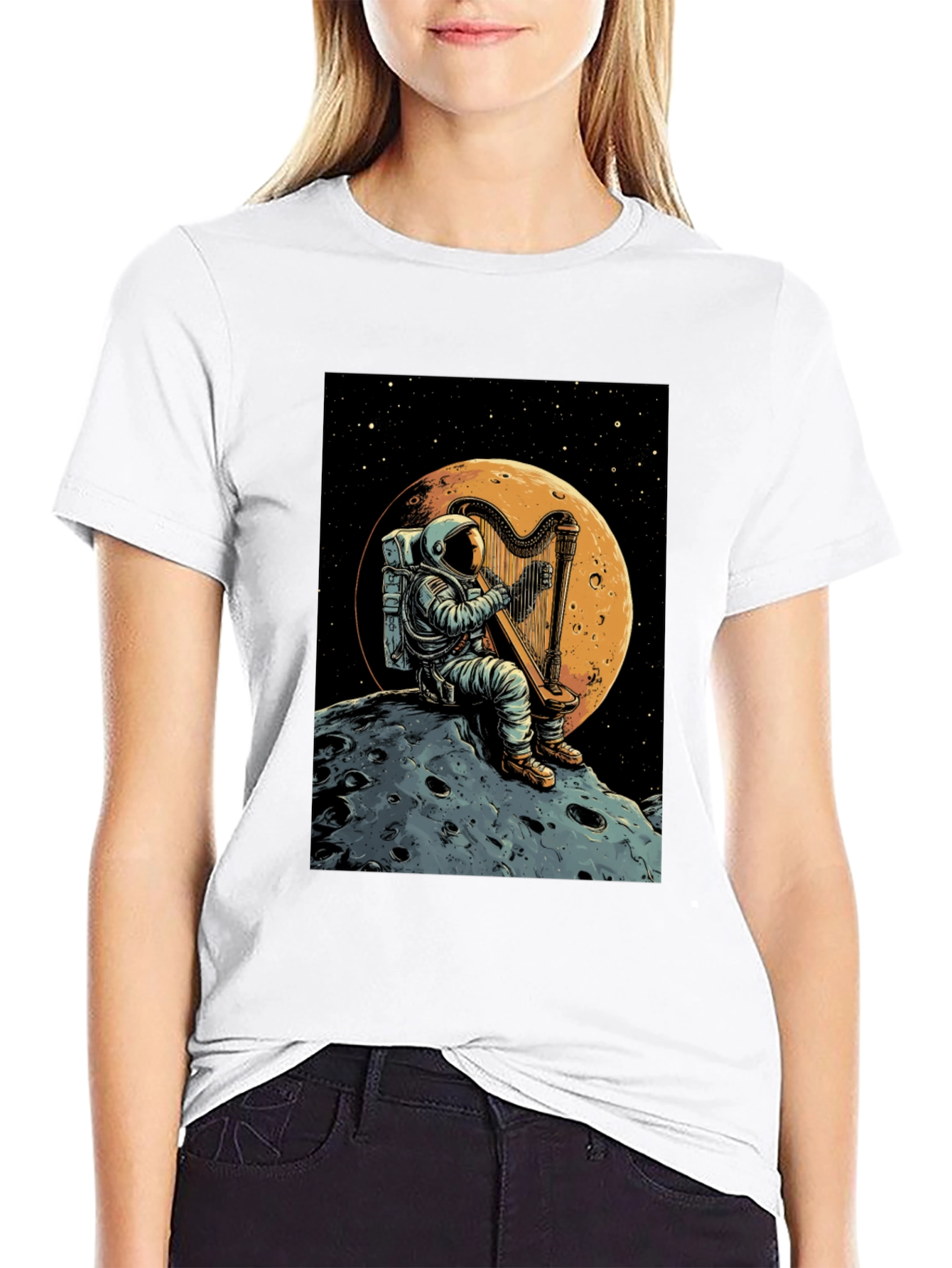 Astronaut Harp Moon T-Shirt - Space Music Tee