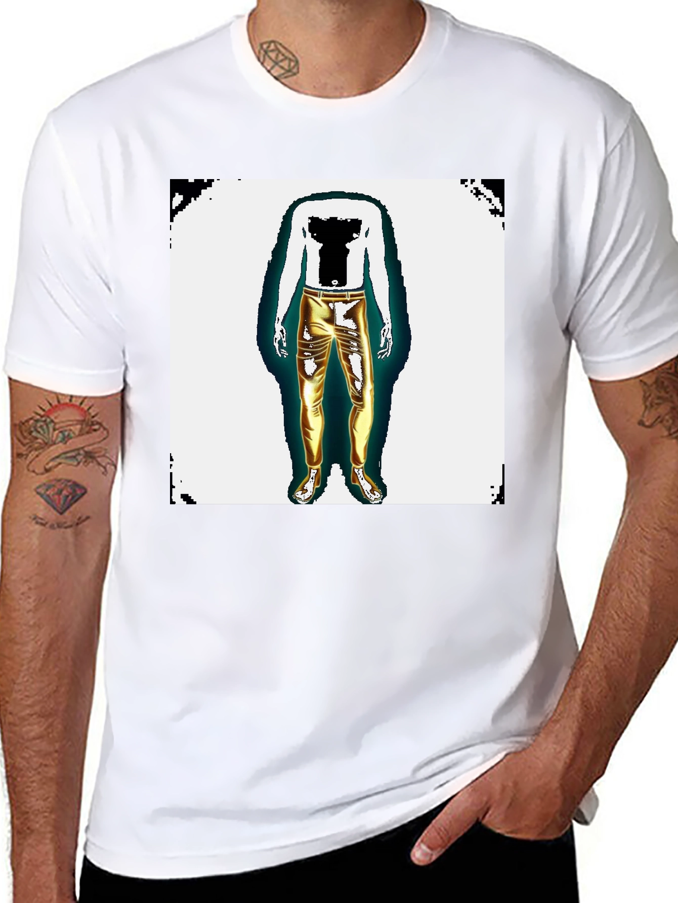 Mens Graphic Tee - Headless Body Gold Pants Print