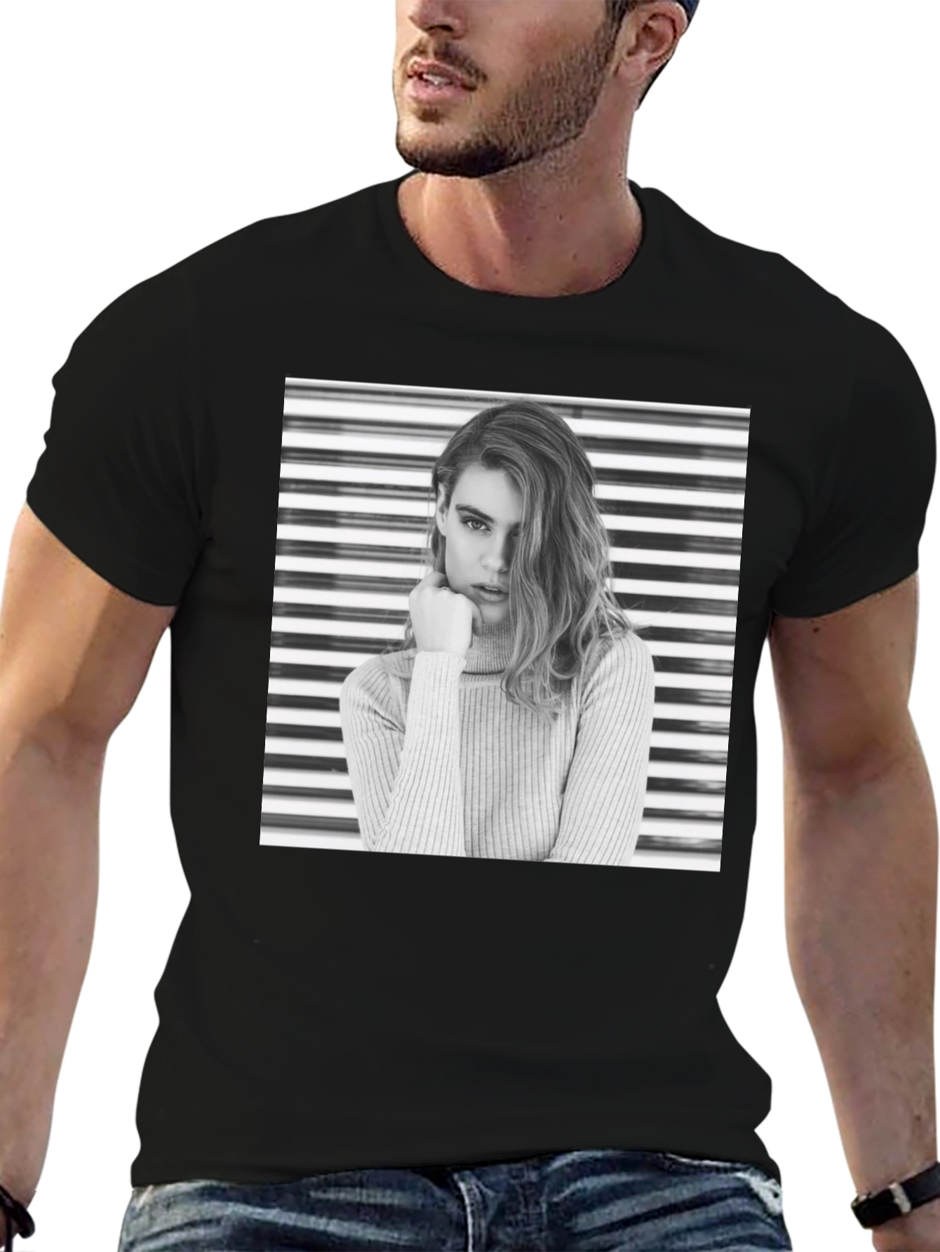 Modern Black T-Shirt with Striking Woman Graphic