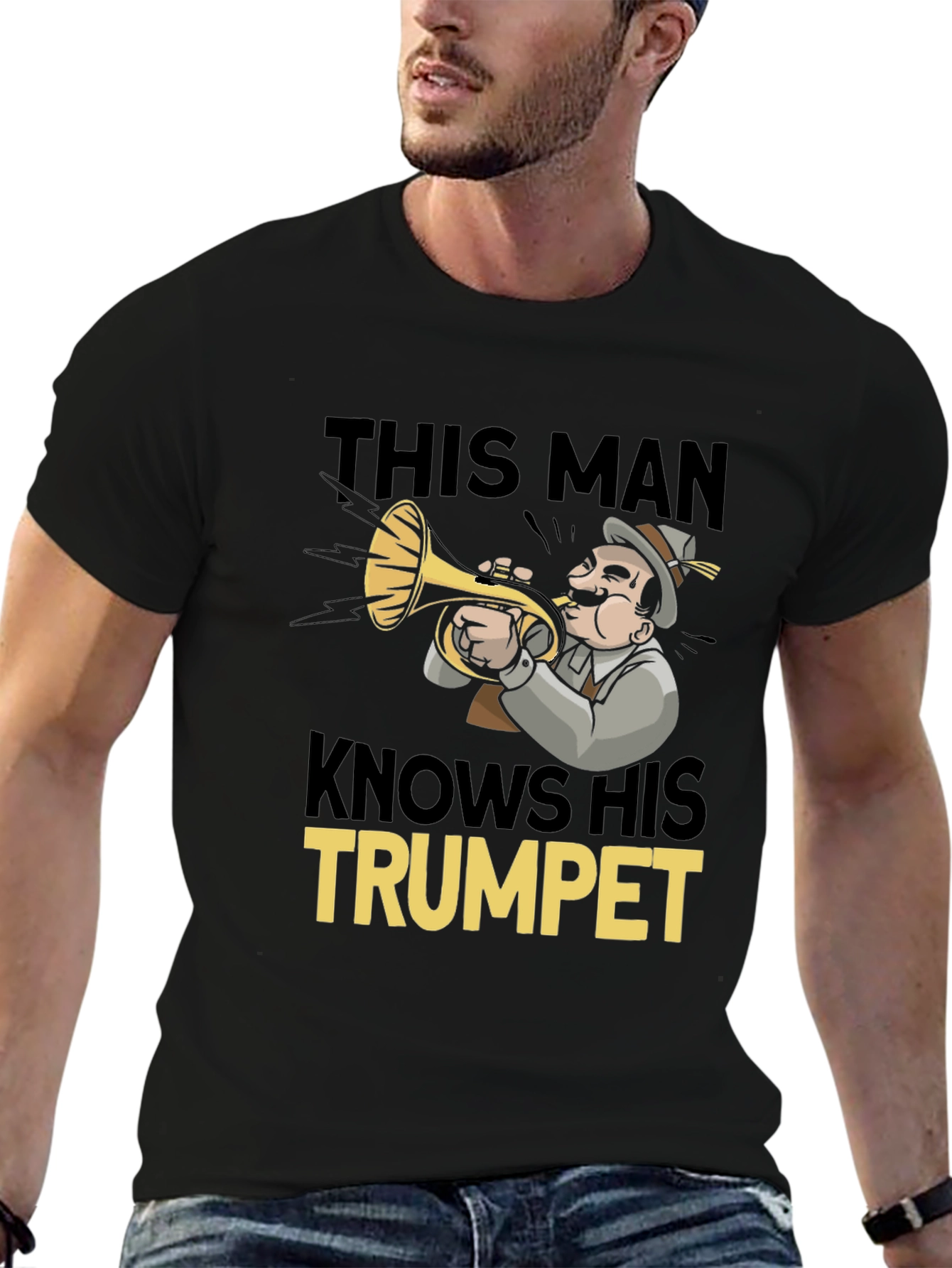 This Man Knows His Trumpet Black Graphic Tee