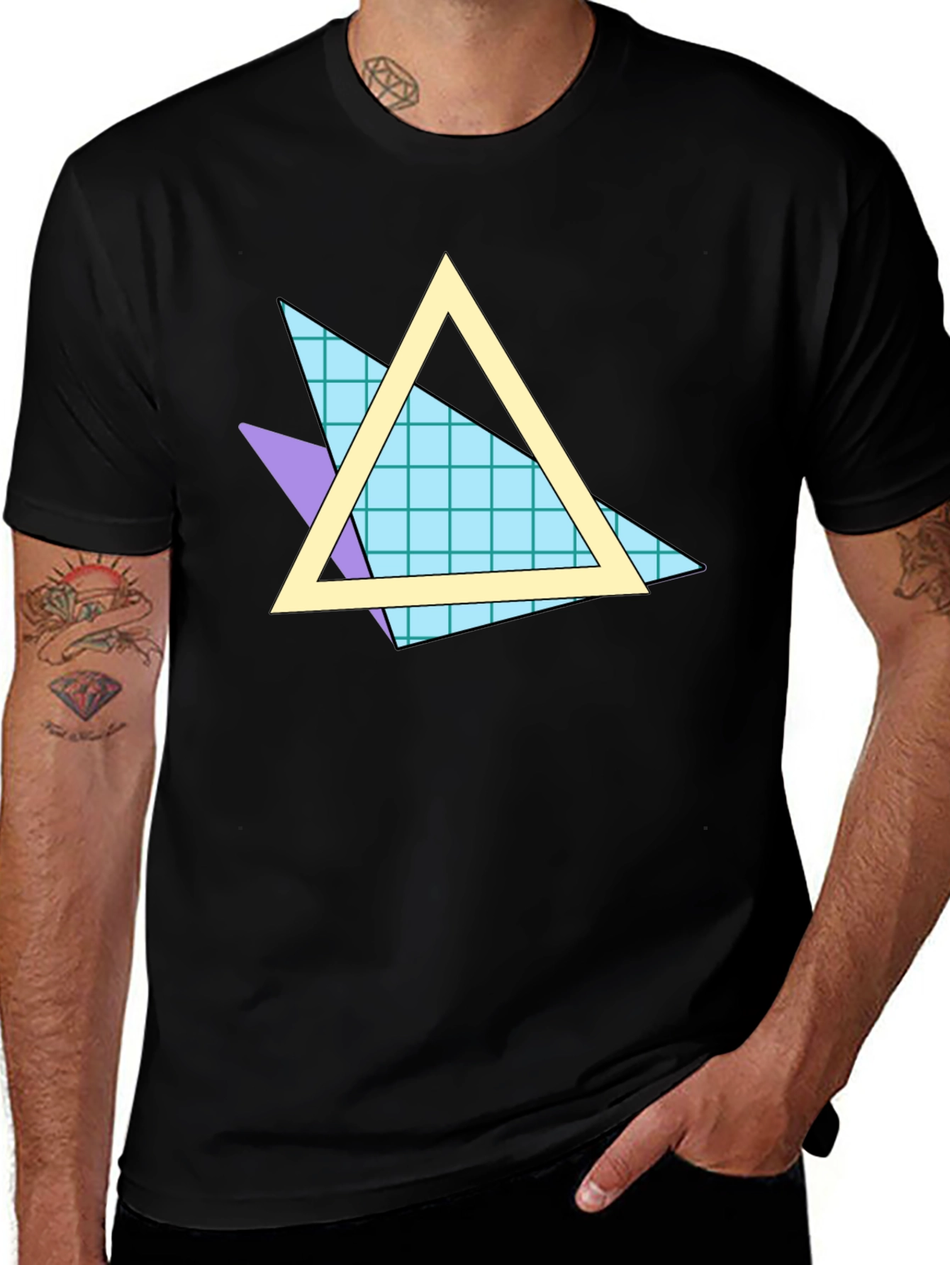 Retro 80s Triangle Pattern Black T-Shirt