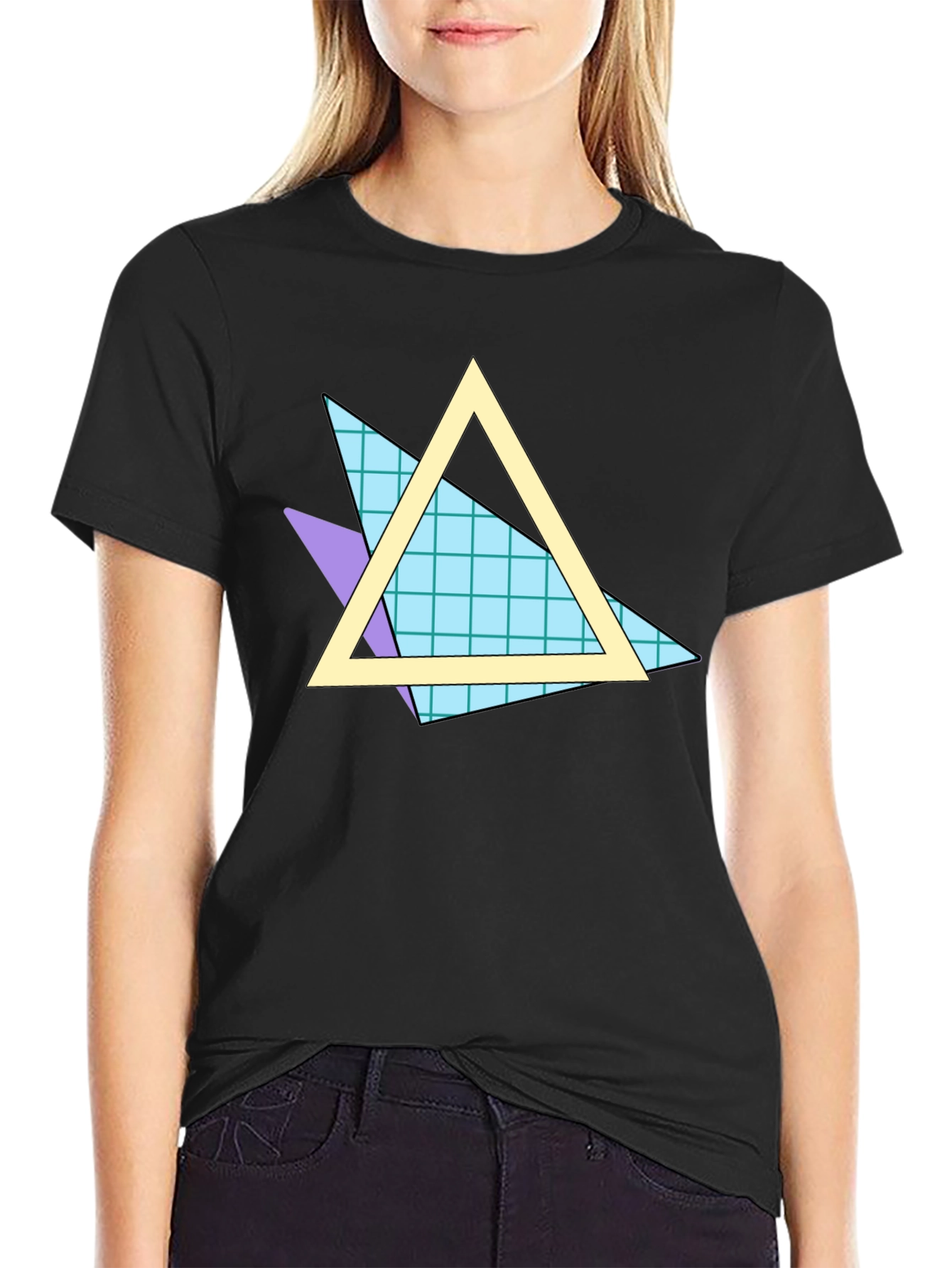 Retro 80s Triangle Pattern Black T-Shirt