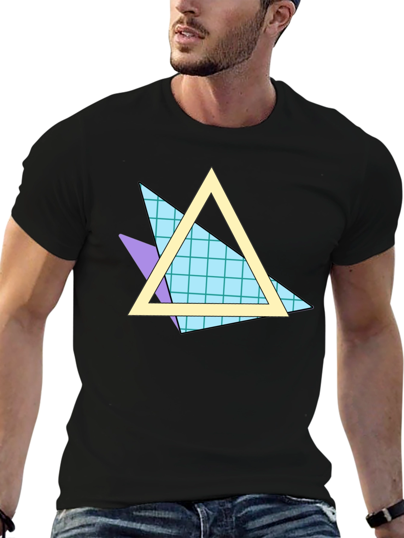 Retro 80s Triangle Pattern Black T-Shirt