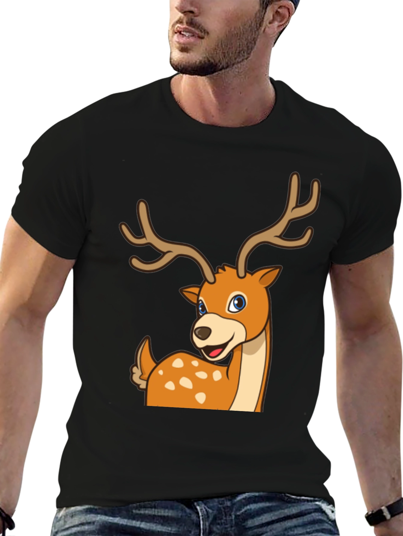 Deer Cartoon Graphic Black T-Shirt