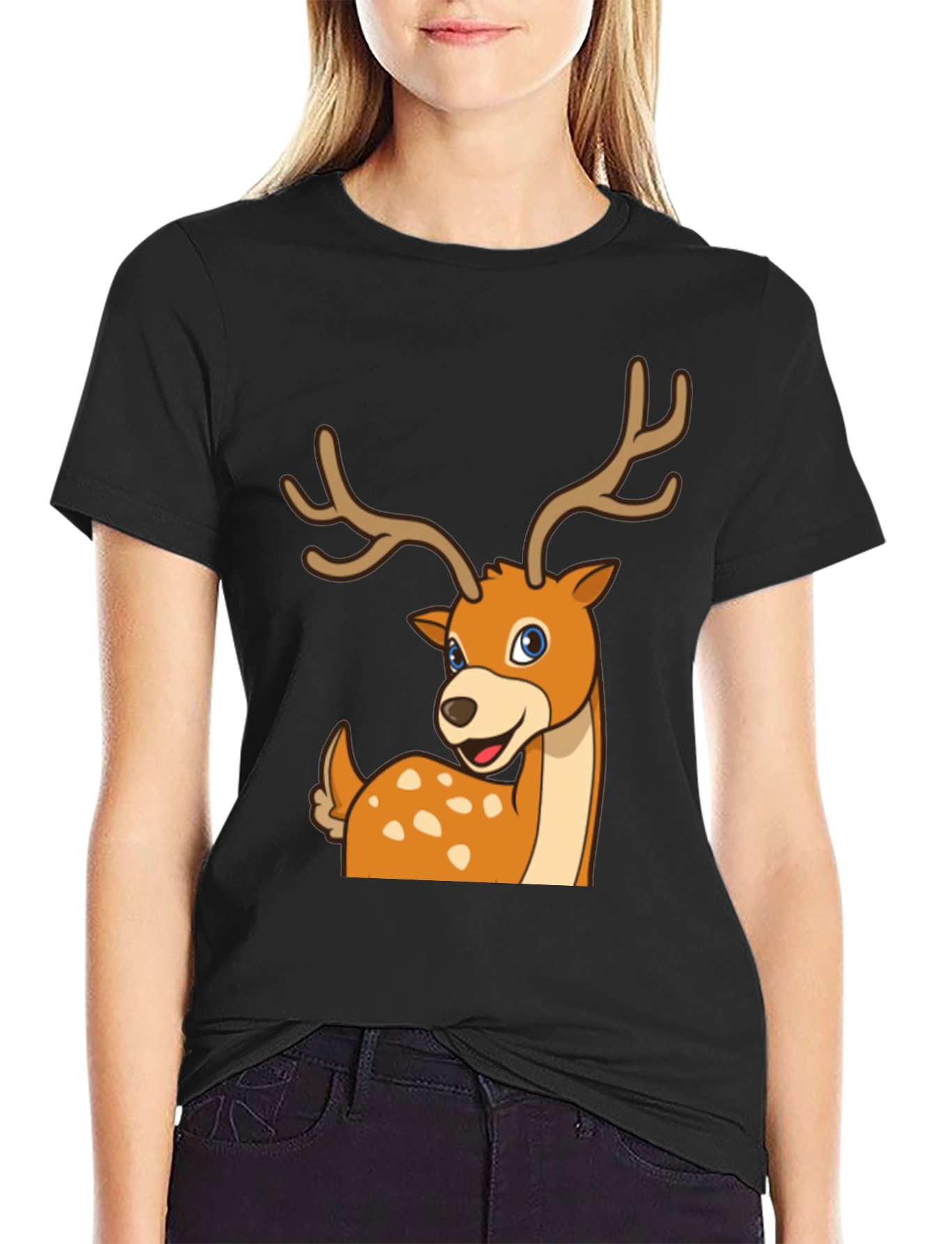 Deer Cartoon Graphic Black T-Shirt