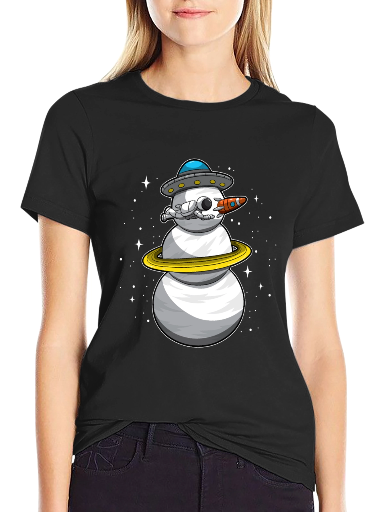 Space Snowman Black T-Shirt - Sci-Fi Holiday Style