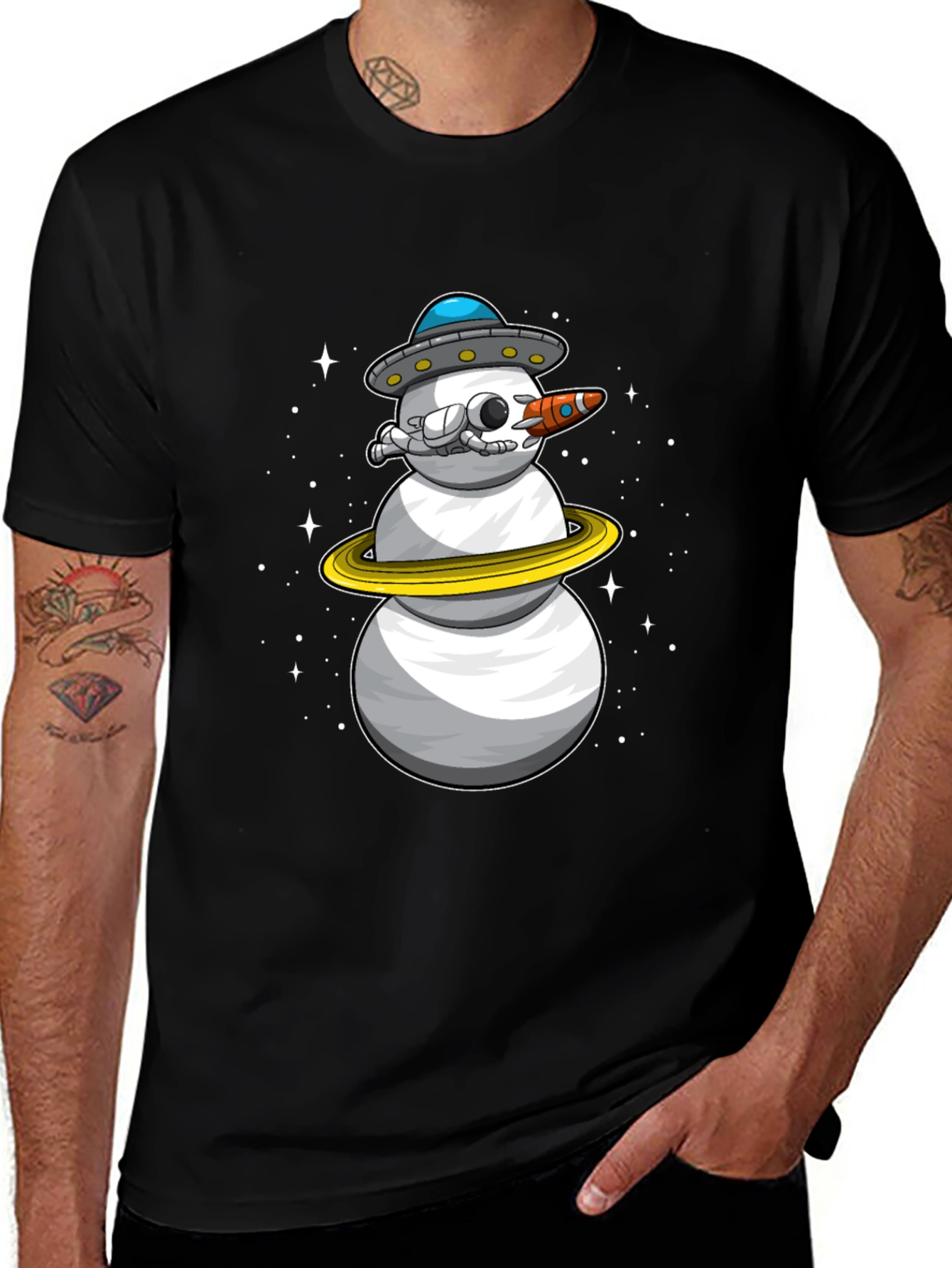 Space Snowman Black T-Shirt - Sci-Fi Holiday Style