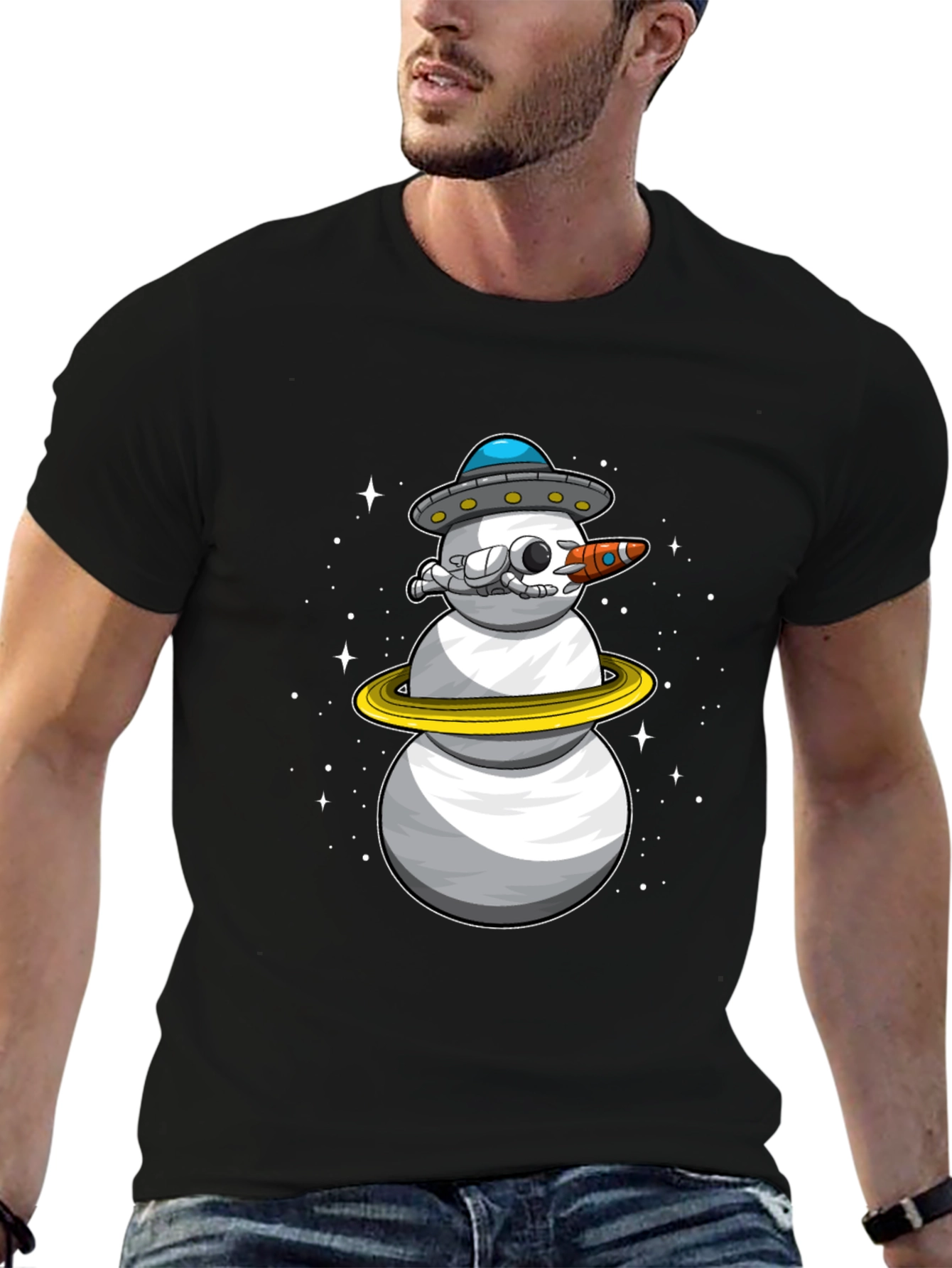 Space Snowman Black T-Shirt - Sci-Fi Holiday Style