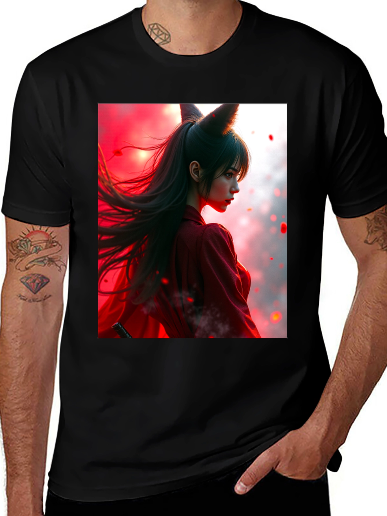 Anime Fox Girl Graphic Black T-Shirt
