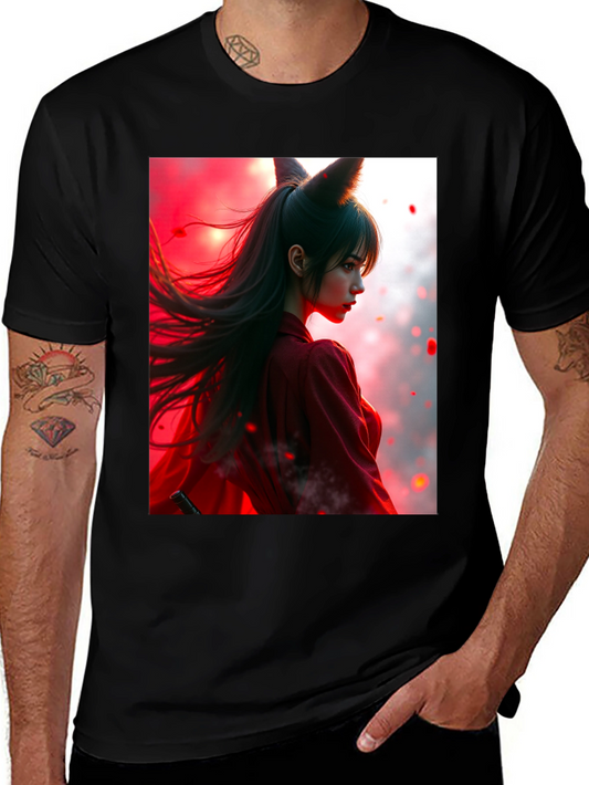 Anime Fox Girl Graphic Black T-Shirt
