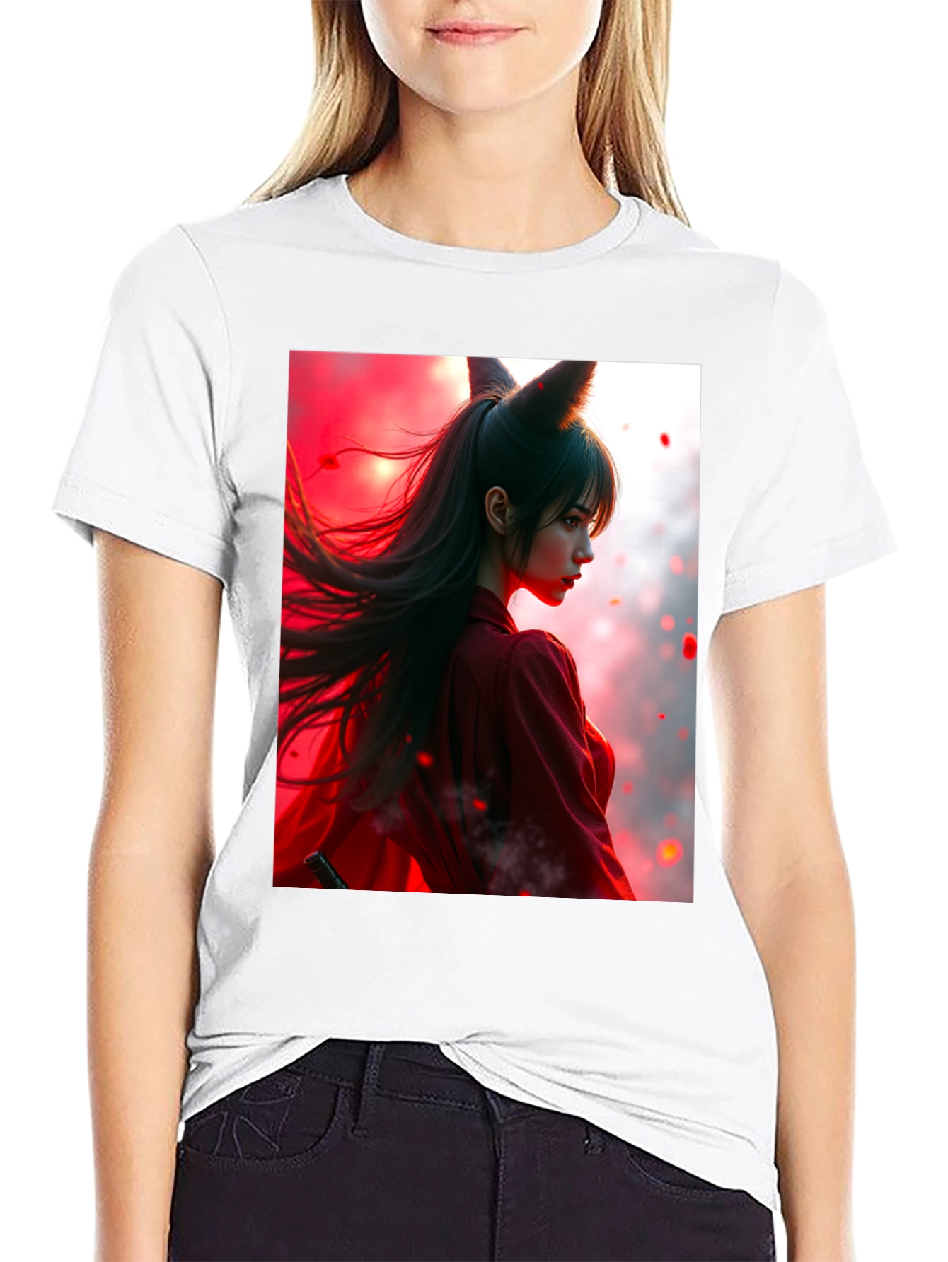 Anime Fox Girl Graphic Black T-Shirt