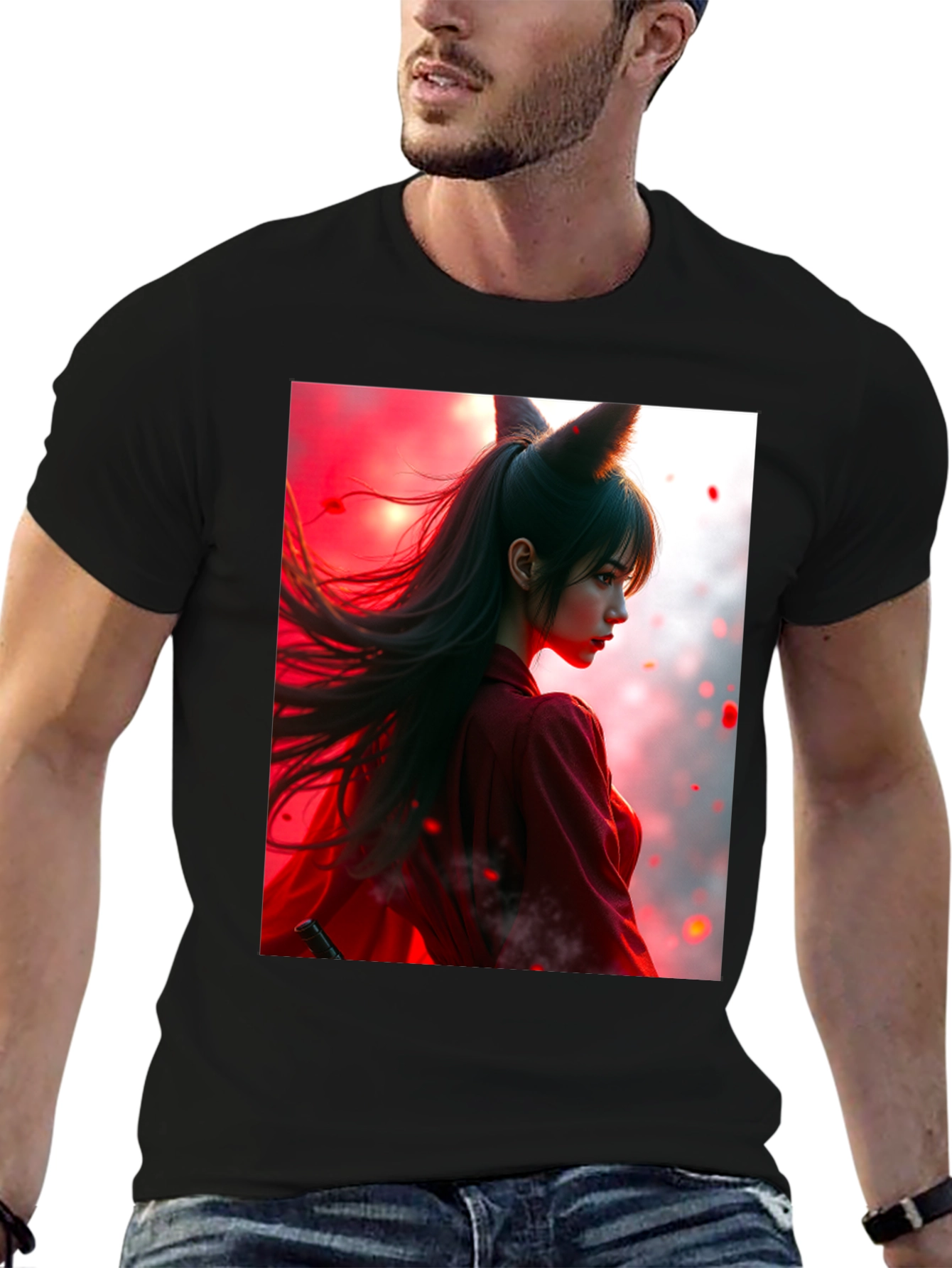Anime Fox Girl Graphic Black T-Shirt