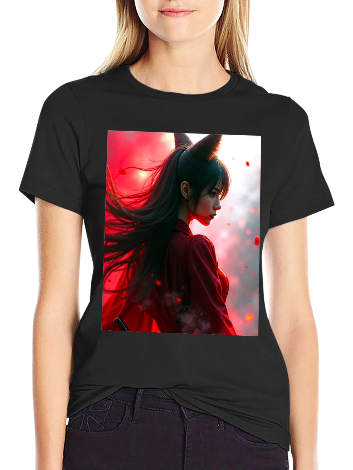 Anime Fox Girl Graphic Black T-Shirt