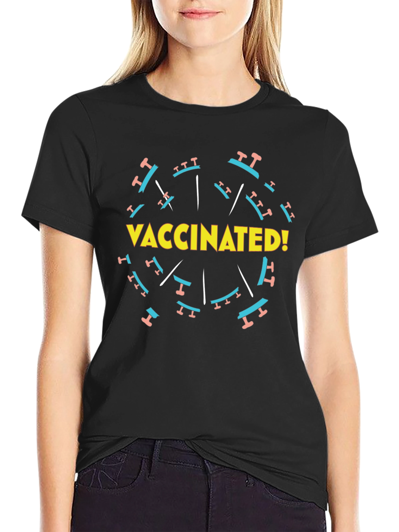 Vaccinated! Graphic Tee - Black Crew Neck T-Shirt